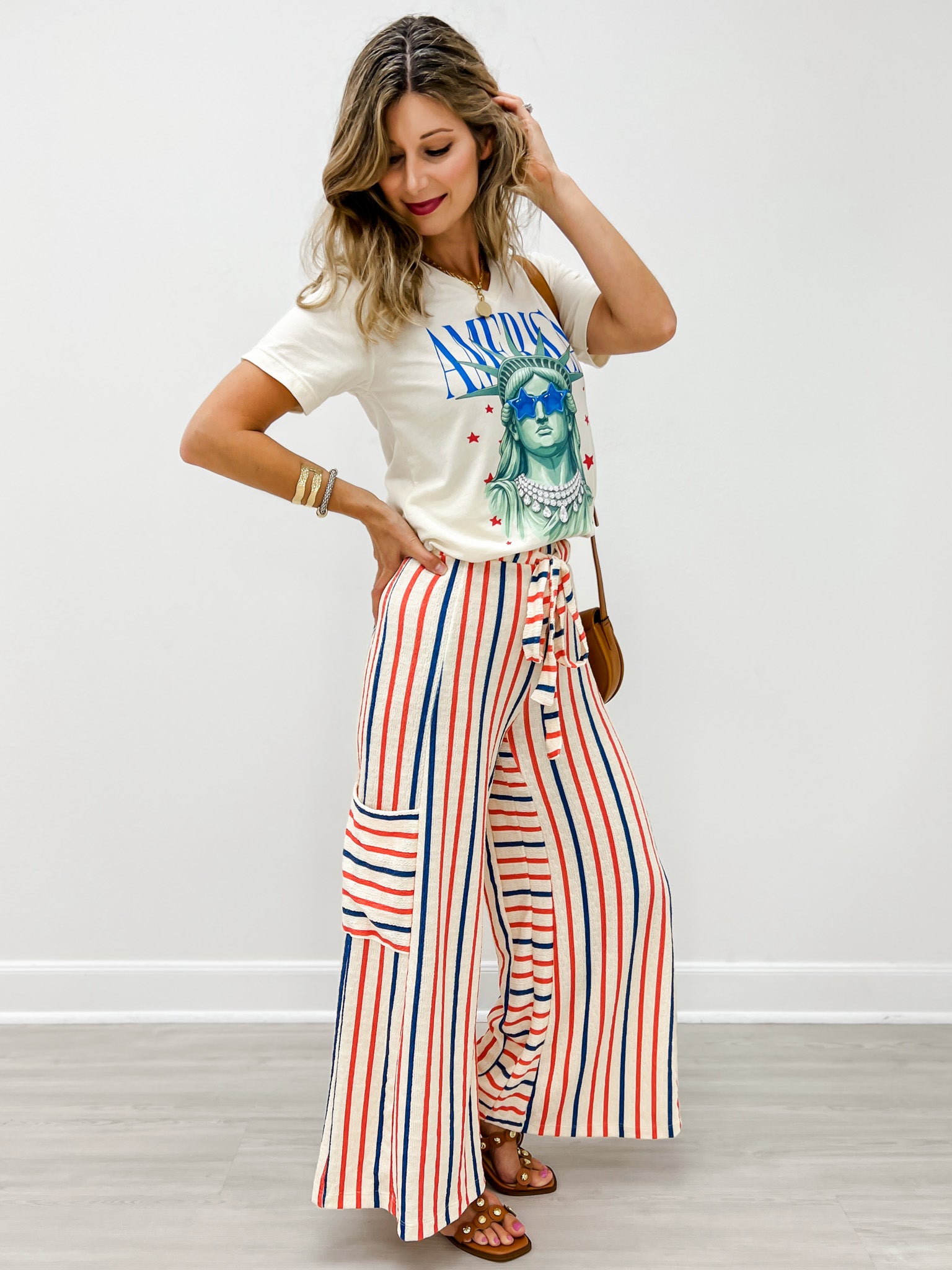 Red and Blue Striped Wide Leg Pants with Drawstring Waistband