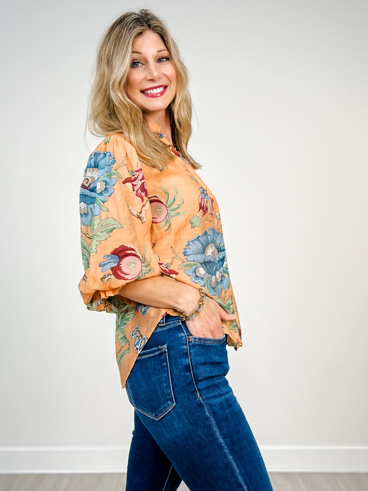 Printed Button Down Top with 3/4 Length Balloon Sleeves