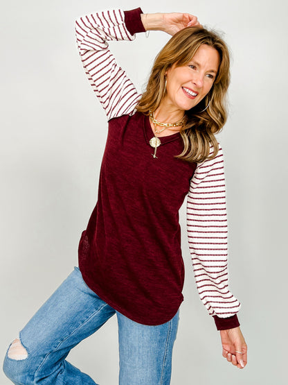 Long Puff Sleeve Solid And Stripe Top