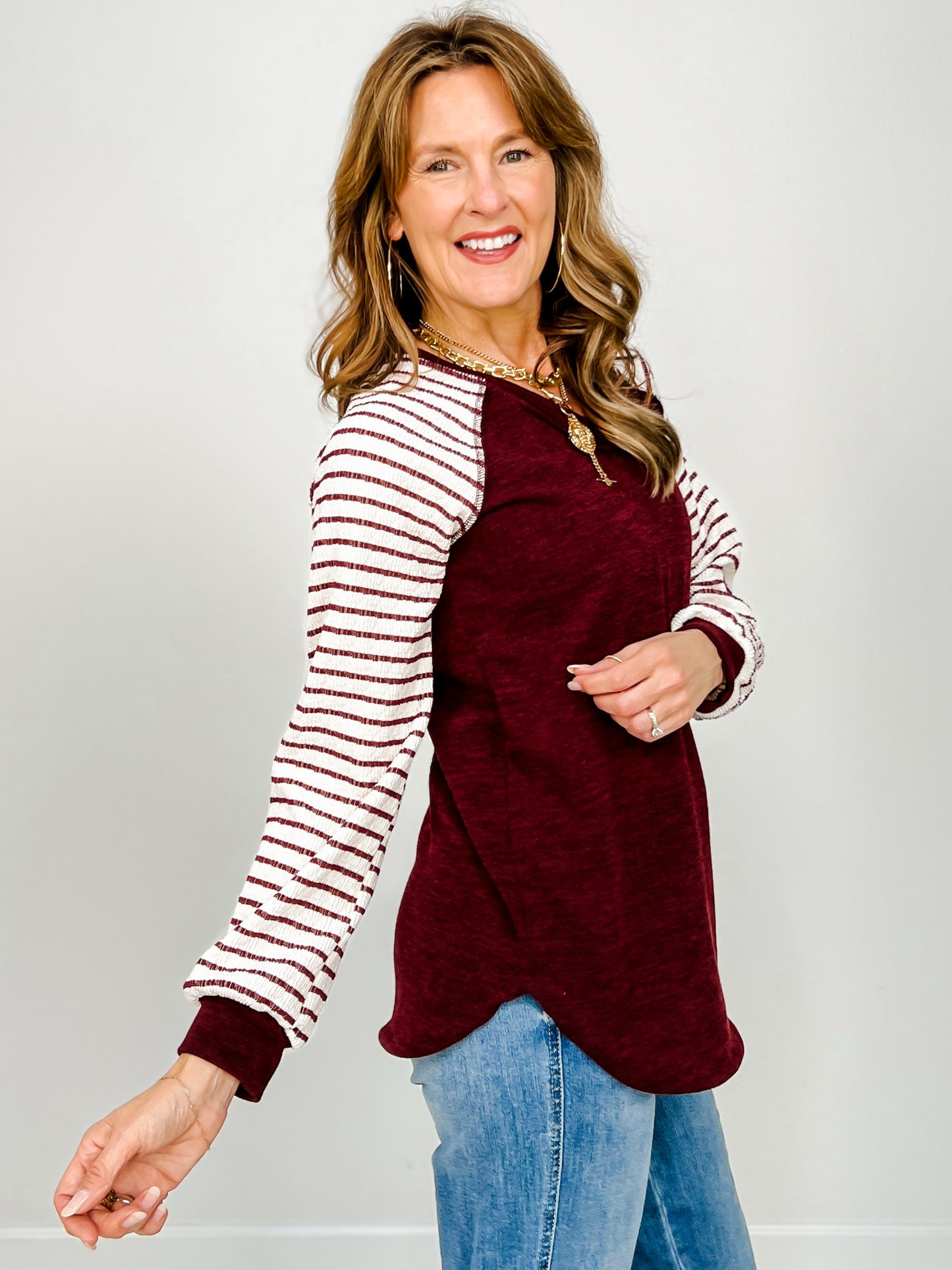 Long Puff Sleeve Solid And Stripe Top