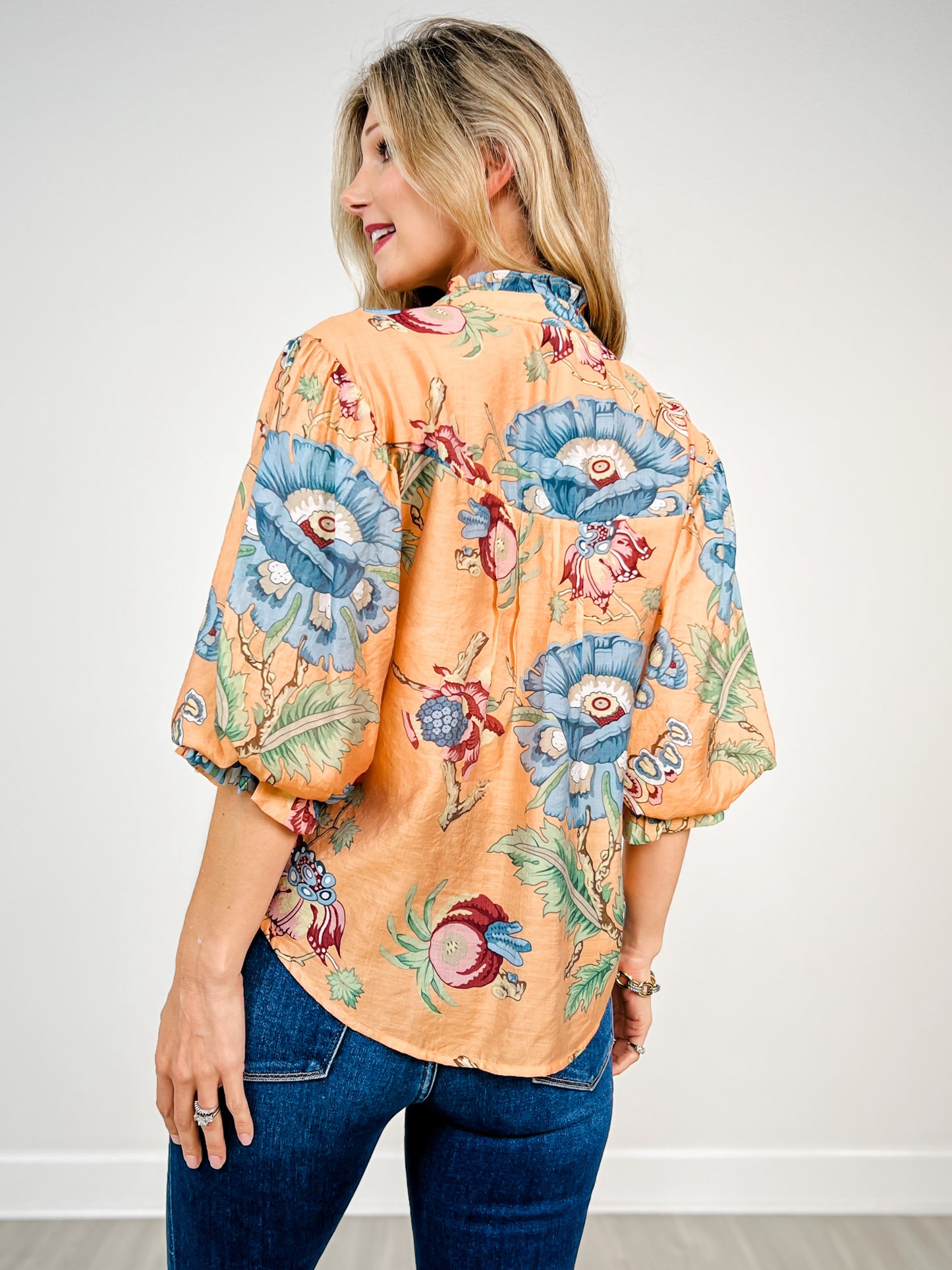 Printed Button Down Top with 3/4 Length Balloon Sleeves