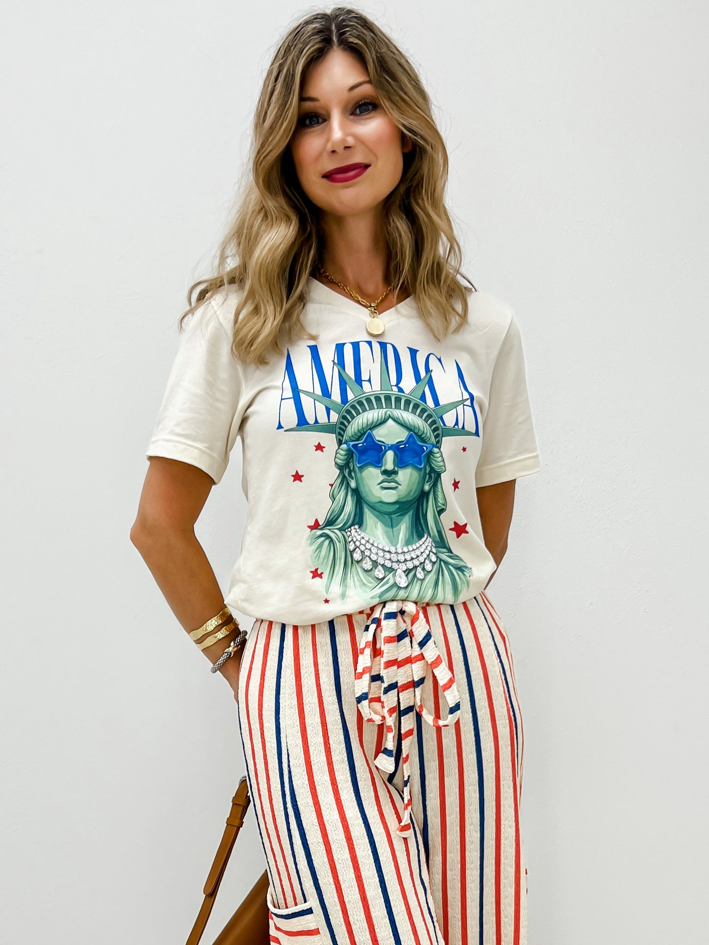 Red and Blue Striped Wide Leg Pants with Drawstring Waistband