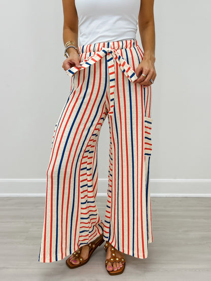 Red and Blue Striped Wide Leg Pants with Drawstring Waistband