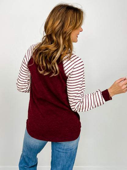 Long Puff Sleeve Solid And Stripe Top