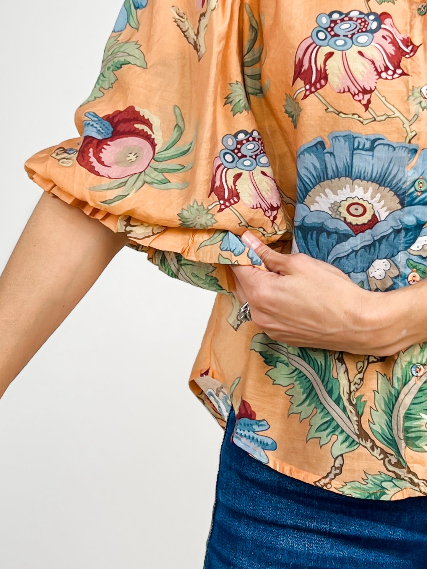 Printed Button Down Top with 3/4 Length Balloon Sleeves