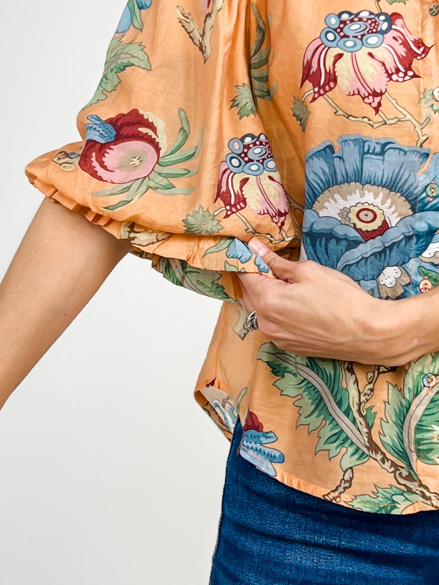 Printed Button Down Top with 3/4 Length Balloon Sleeves