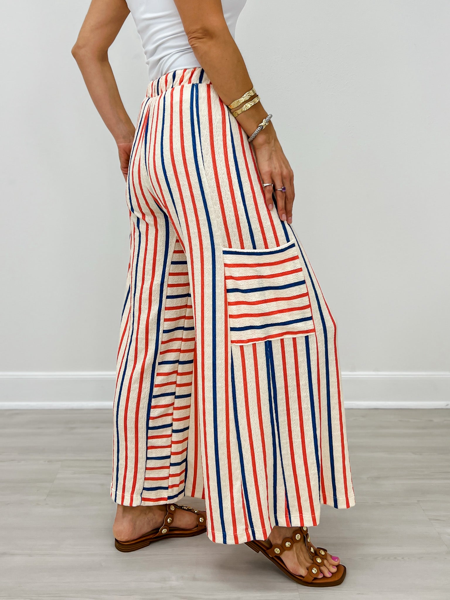 Red and Blue Striped Wide Leg Pants with Drawstring Waistband