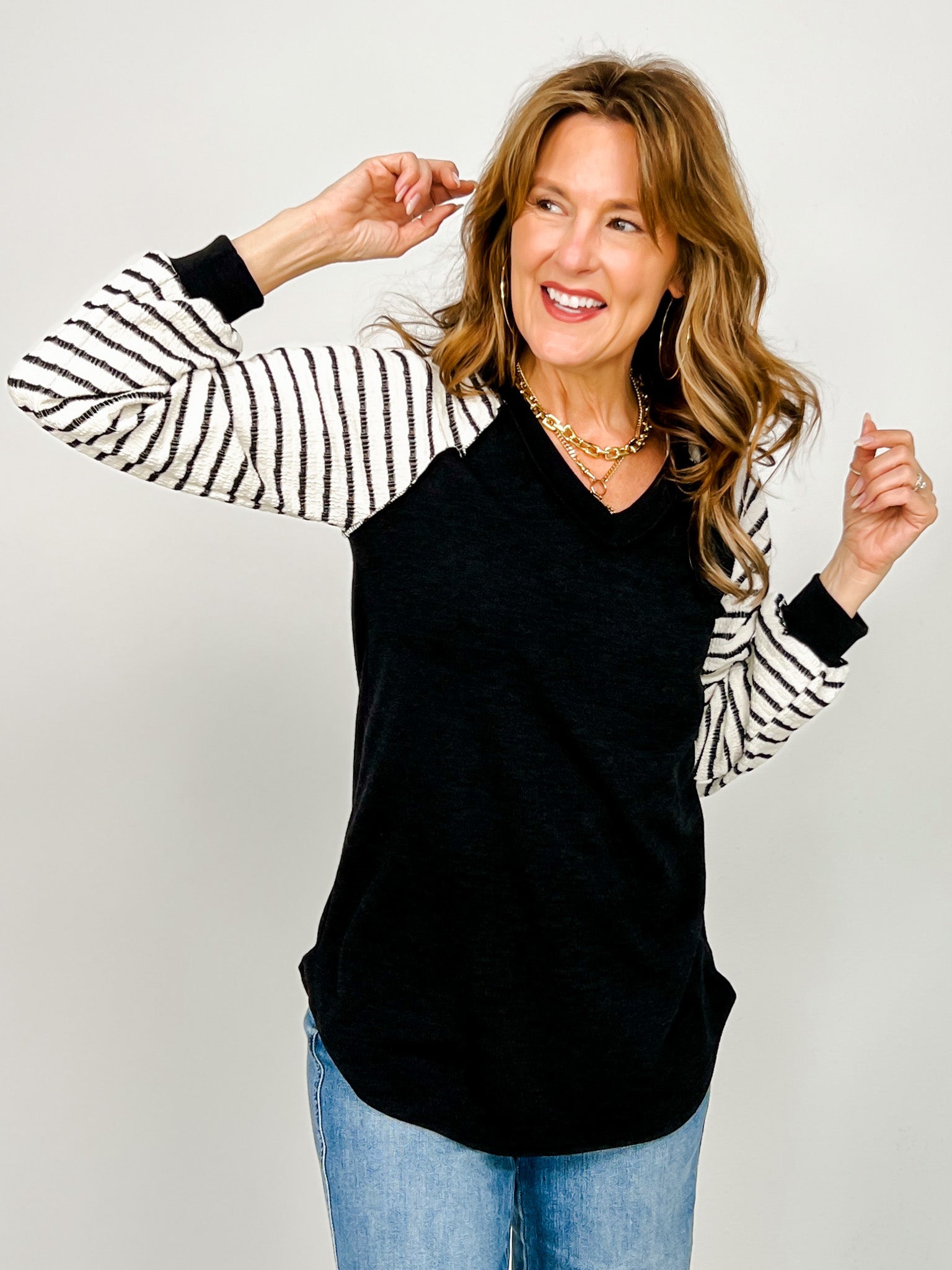 Long Puff Sleeve Solid And Stripe Top