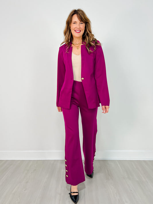Gold Button Hem Gala Pants with Side Pockets in Merlot