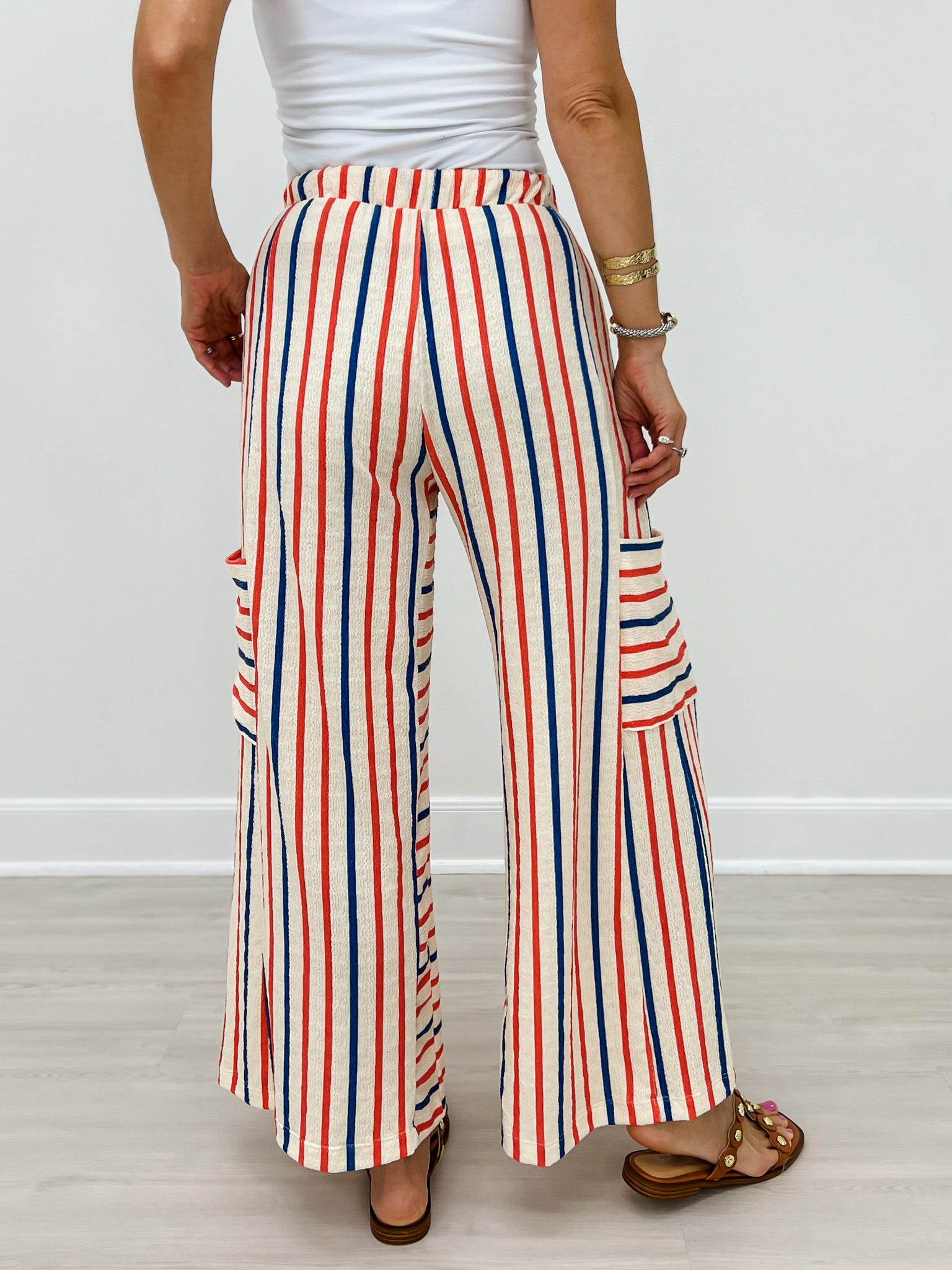 Red and Blue Striped Wide Leg Pants with Drawstring Waistband
