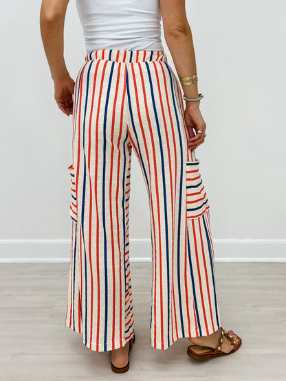 Red and Blue Striped Wide Leg Pants with Drawstring Waistband