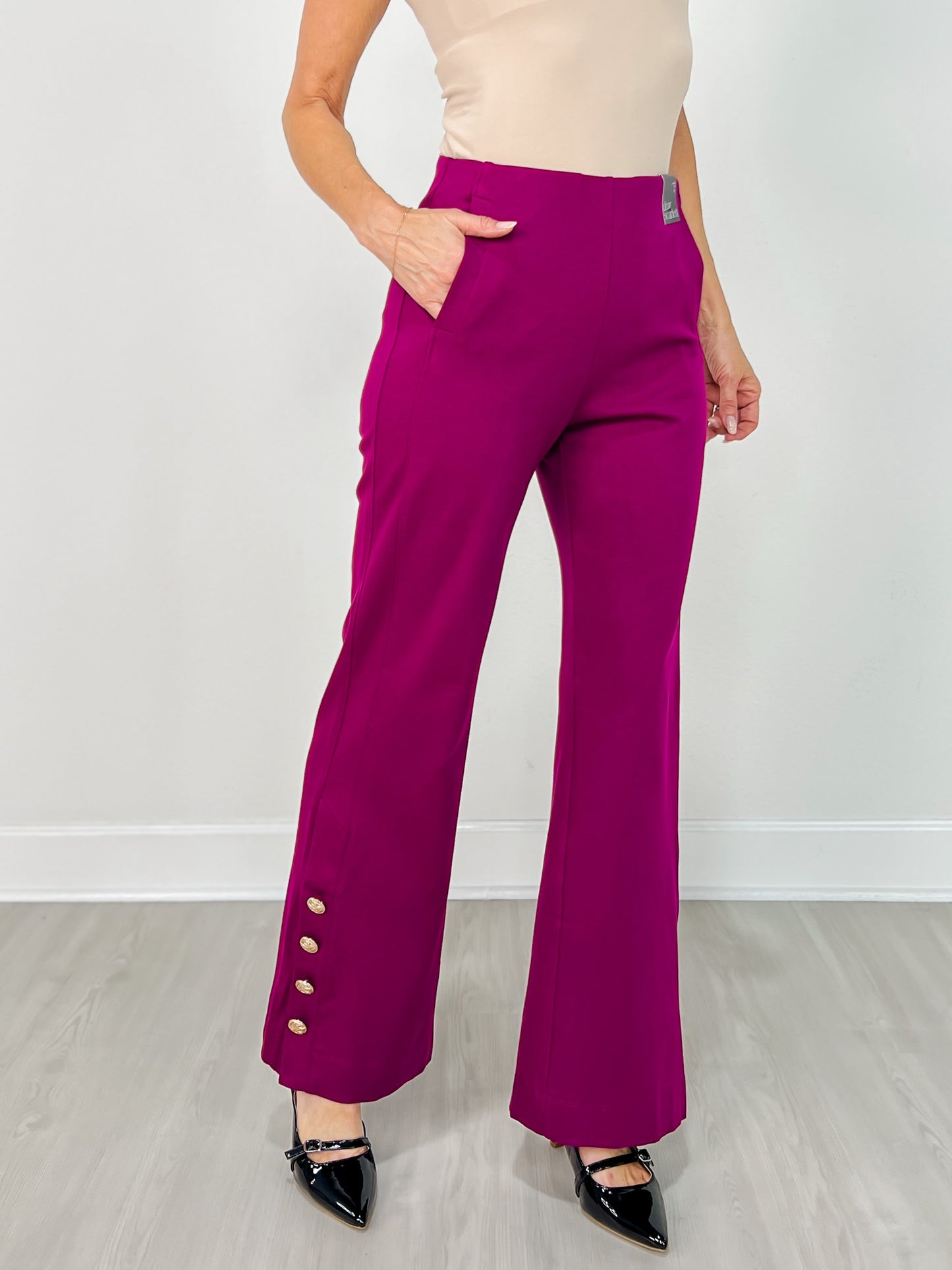 Gold Button Hem Gala Pants with Side Pockets in Merlot