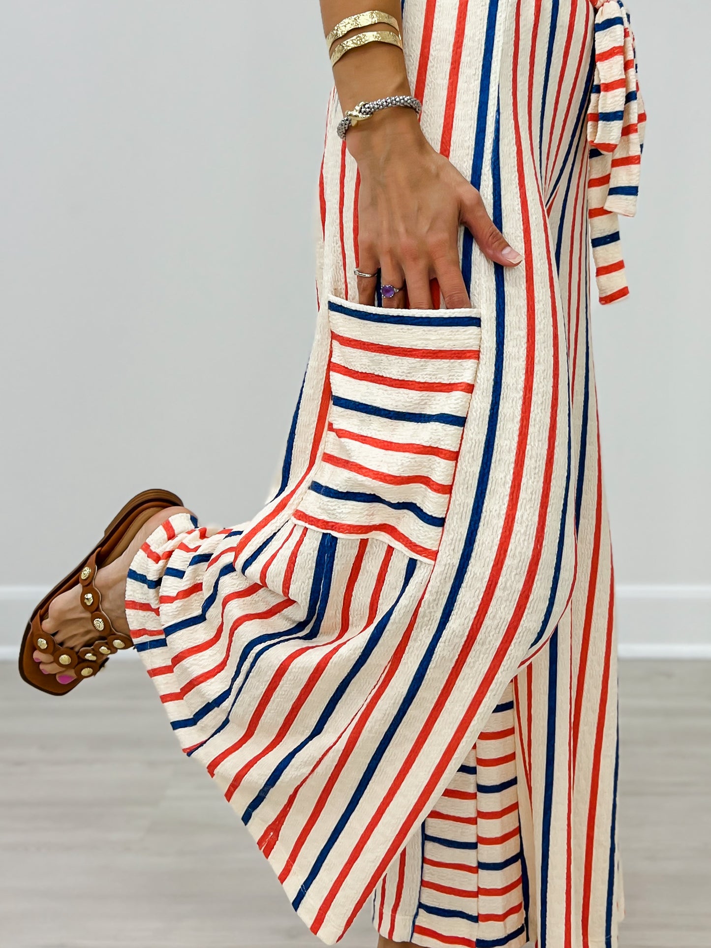 Red and Blue Striped Wide Leg Pants with Drawstring Waistband