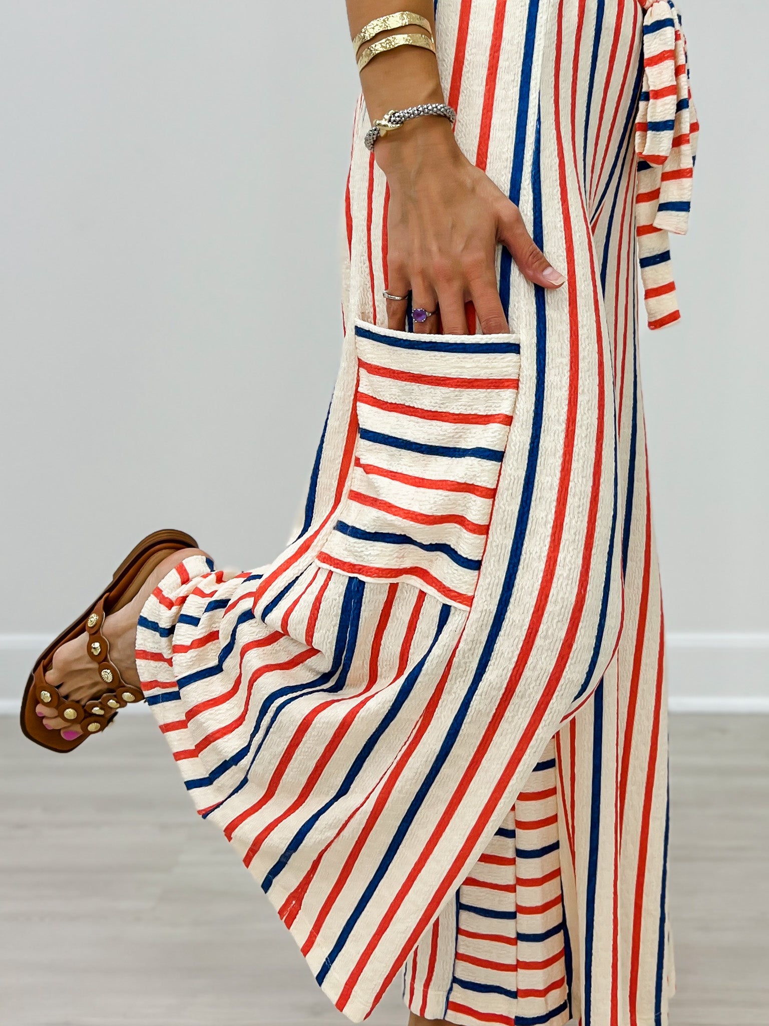 Red and Blue Striped Wide Leg Pants with Drawstring Waistband