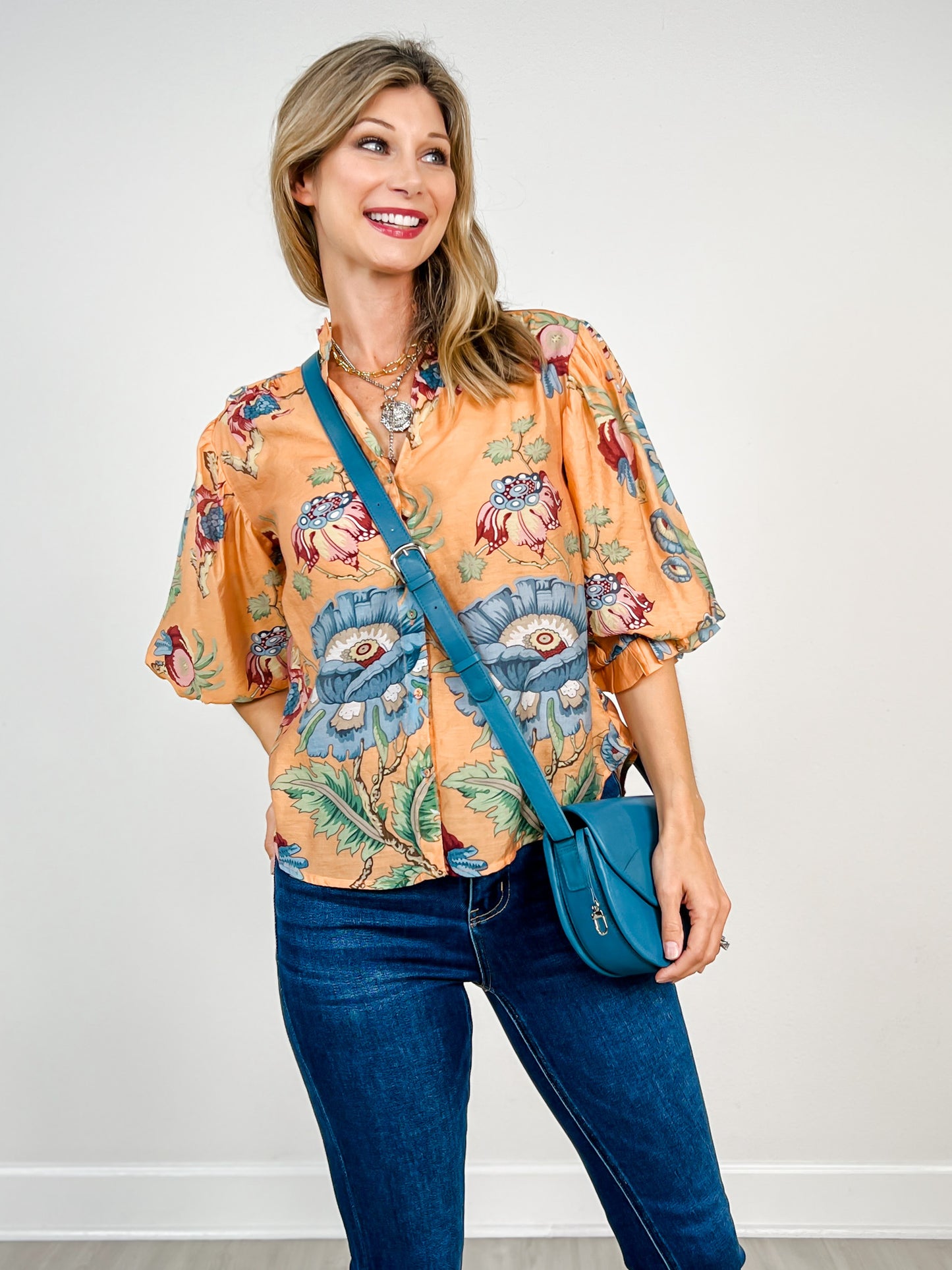 Printed Button Down Top with 3/4 Length Balloon Sleeves