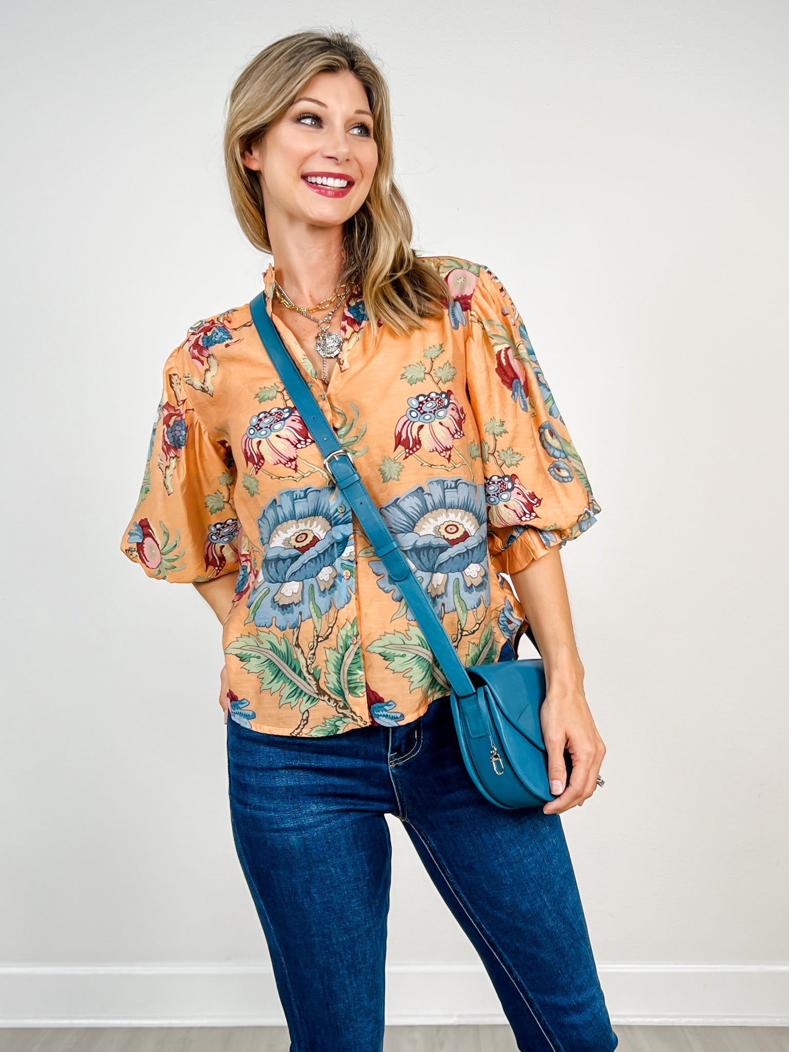 Printed Button Down Top with 3/4 Length Balloon Sleeves