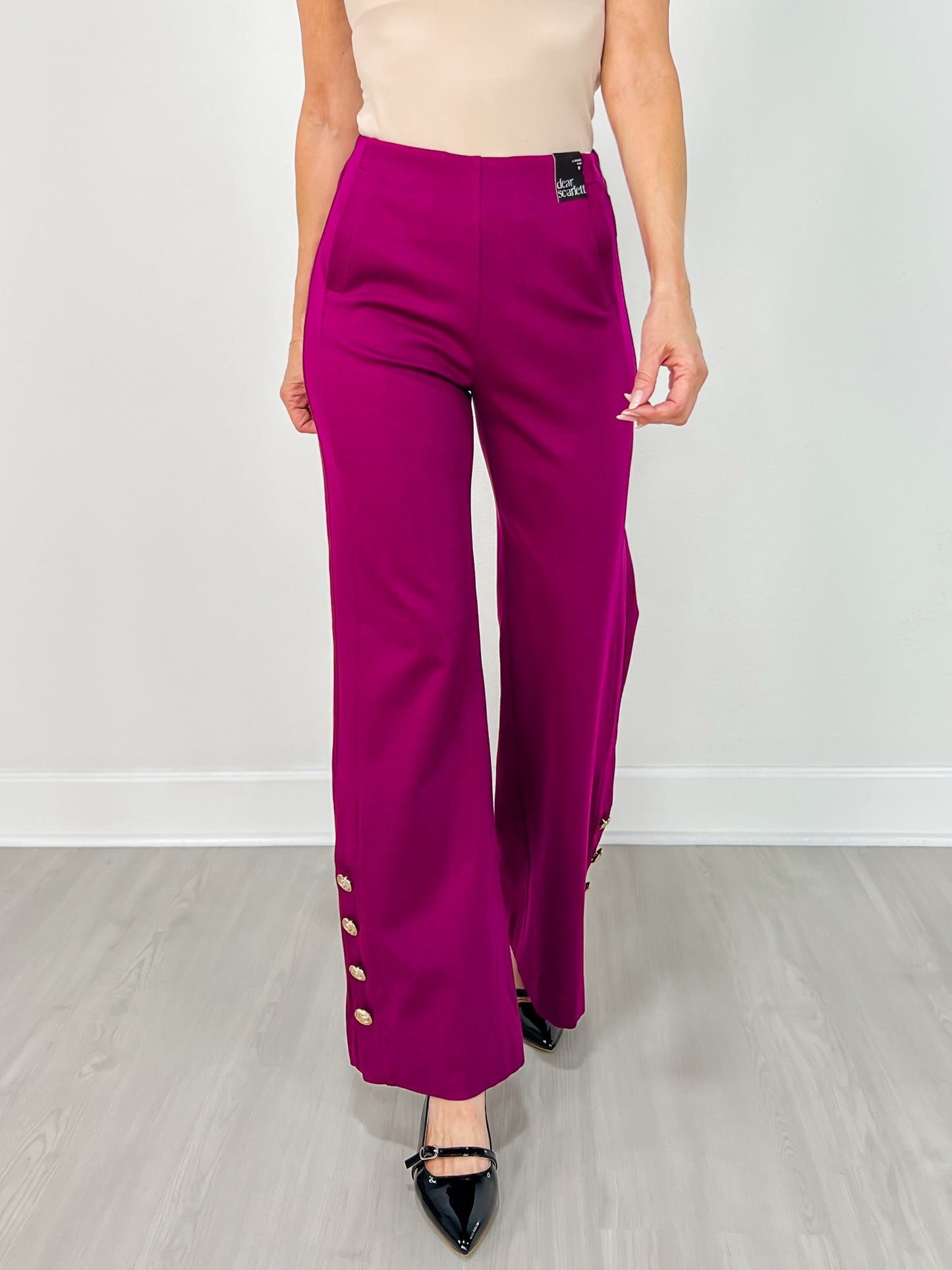 Gold Button Hem Gala Pants with Side Pockets in Merlot