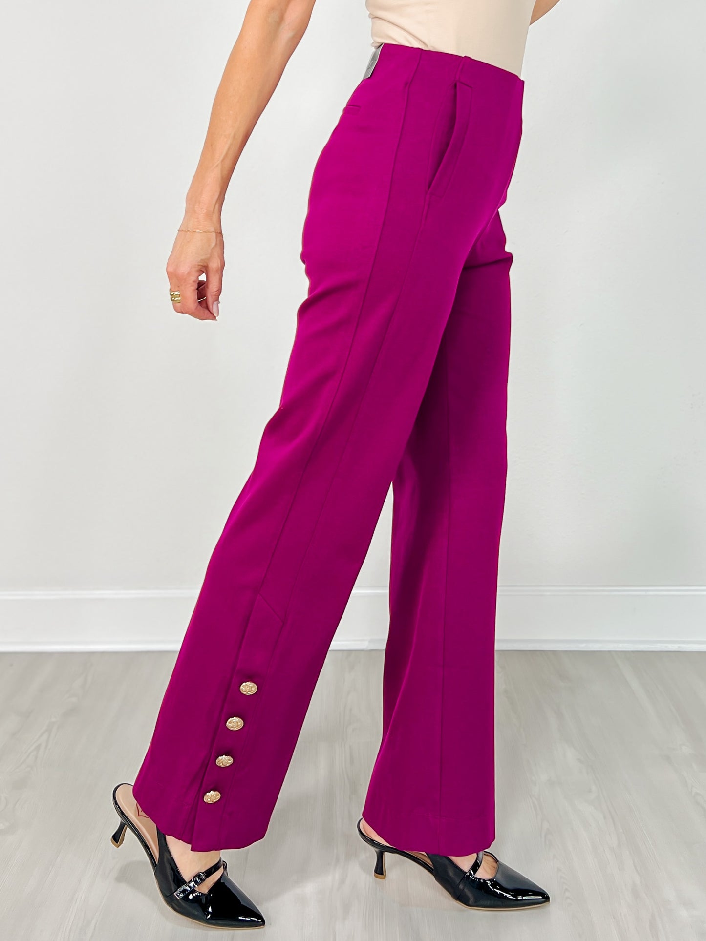 Gold Button Hem Gala Pants with Side Pockets in Merlot