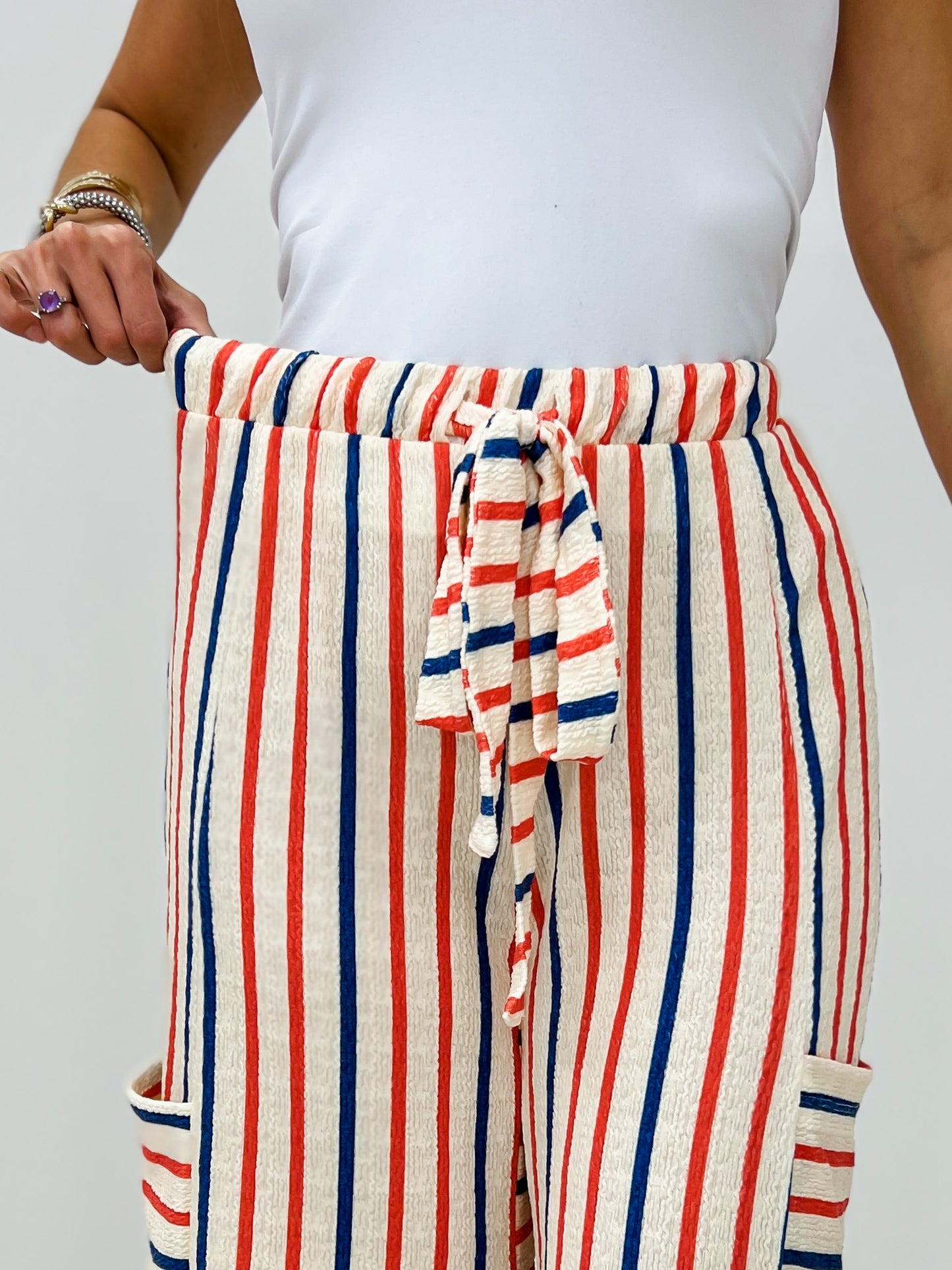 Red and Blue Striped Wide Leg Pants with Drawstring Waistband