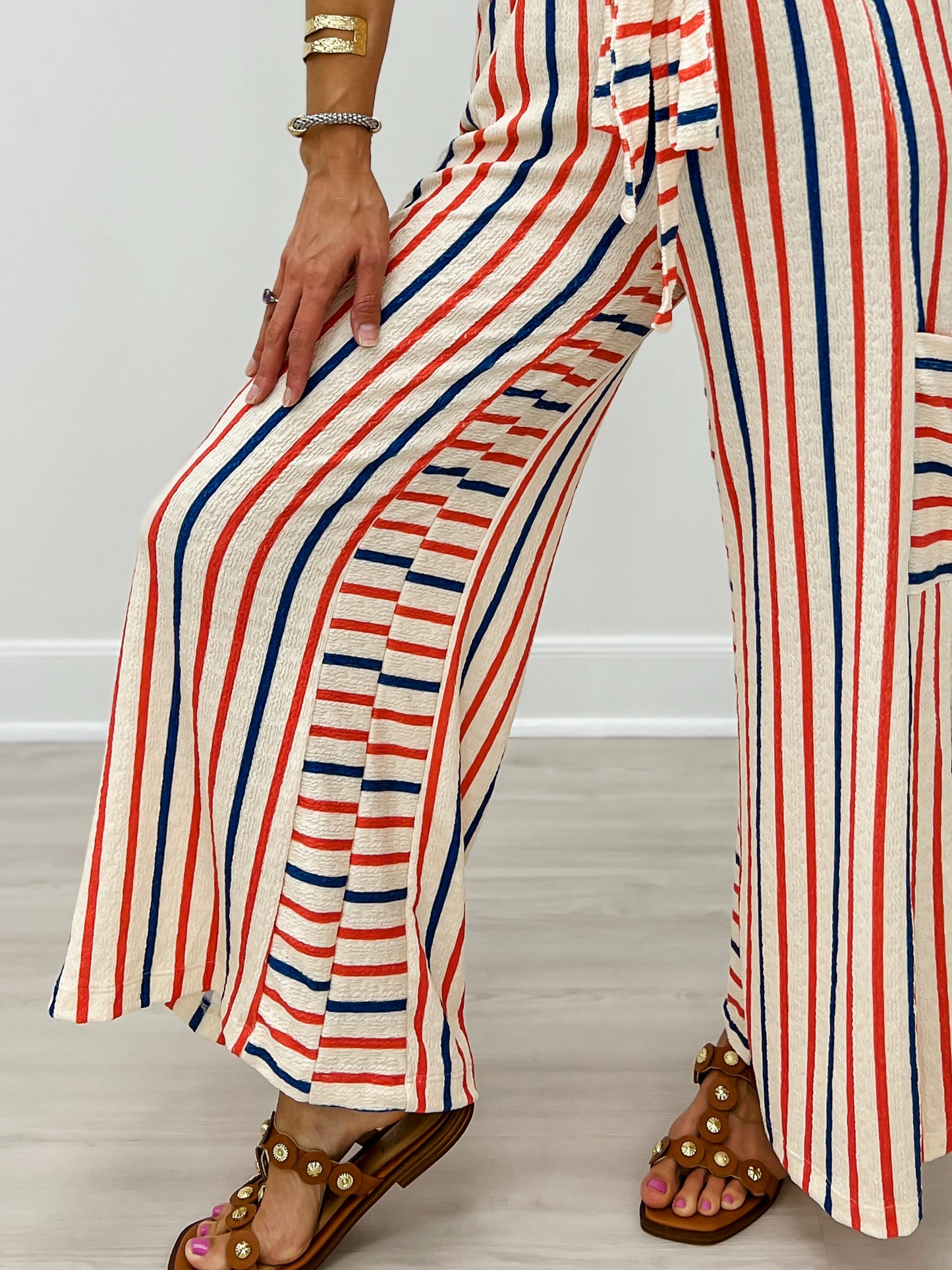Red and Blue Striped Wide Leg Pants with Drawstring Waistband