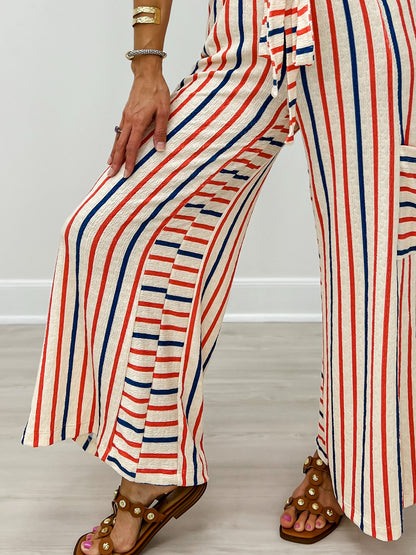 Red and Blue Striped Wide Leg Pants with Drawstring Waistband