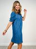 Button Front Bubble Sleeve Denim Dress with Pockets