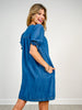 Button Front Bubble Sleeve Denim Dress with Pockets