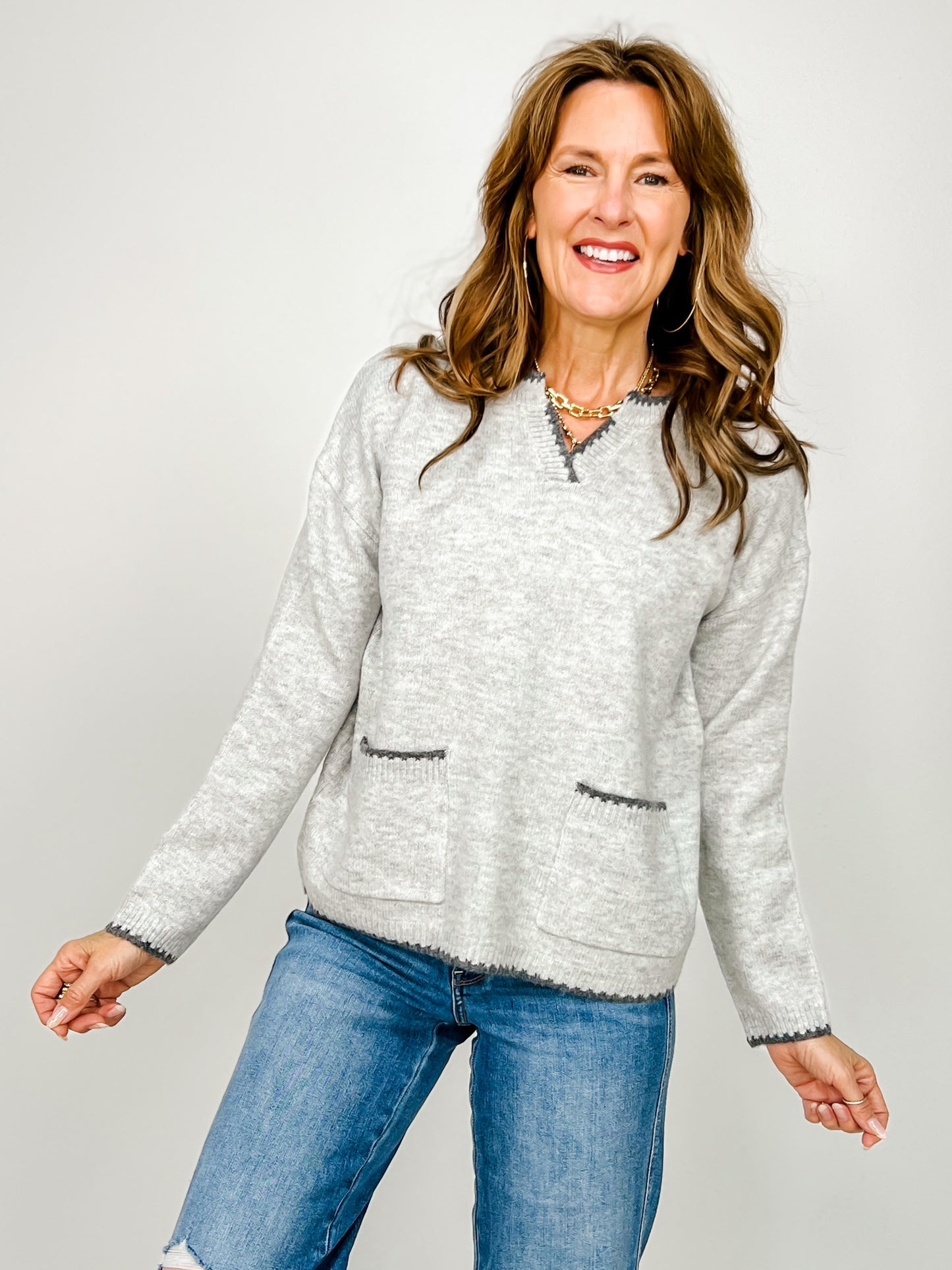 Blanket Stitched Solild Sweater