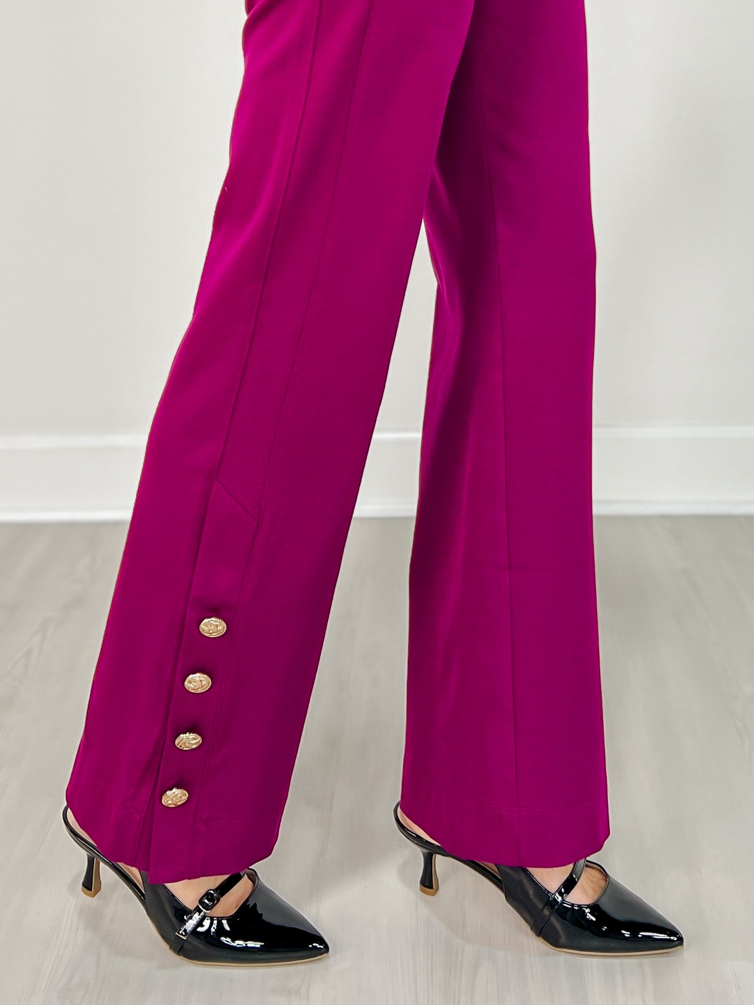 Gold Button Hem Gala Pants with Side Pockets in Merlot