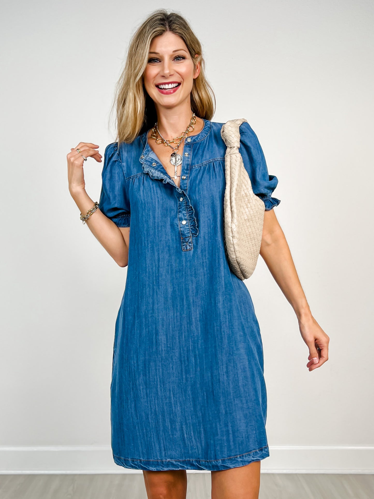 Button Front Bubble Sleeve Denim Dress with Pockets