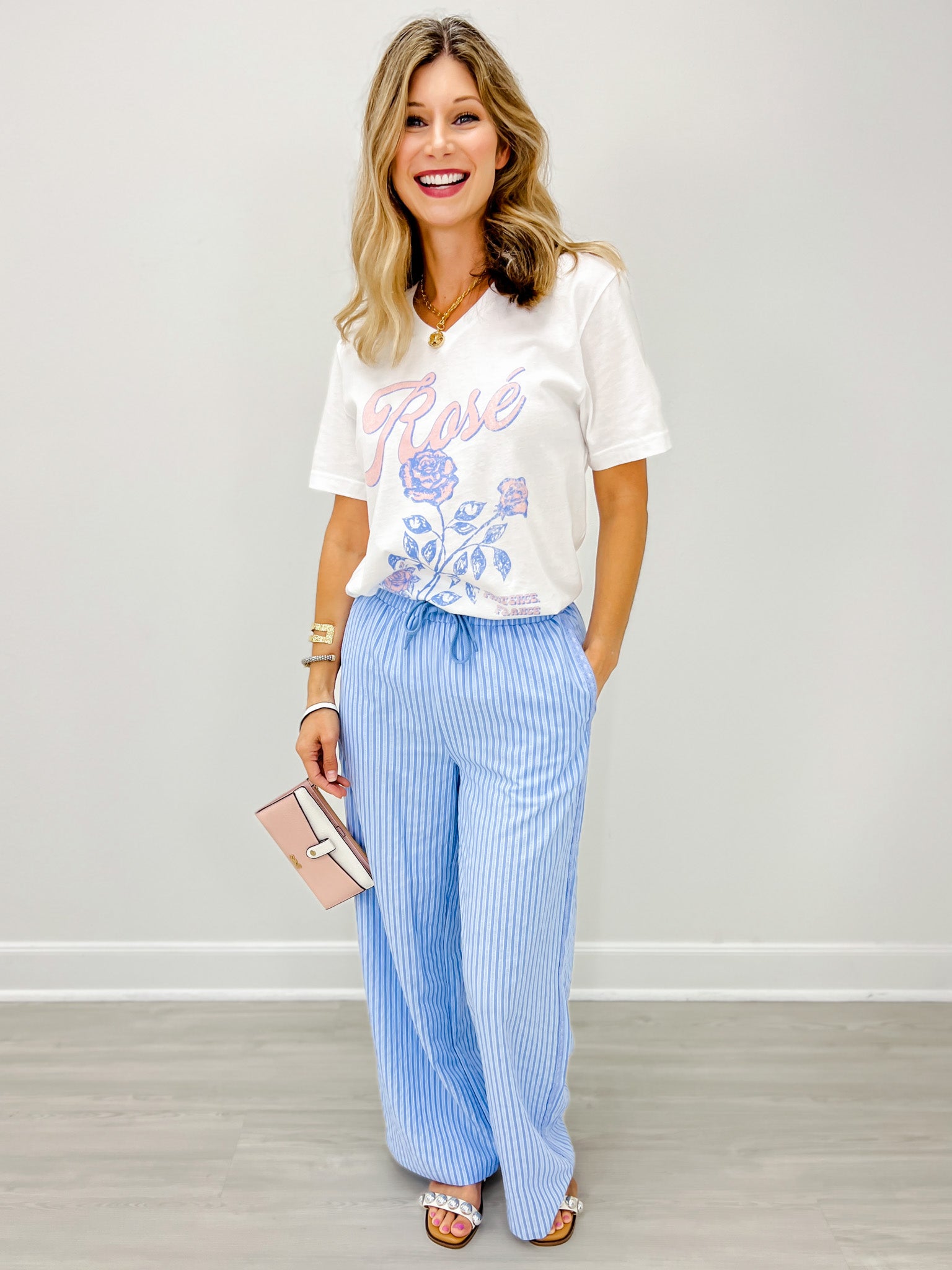 Stripe Lace Trim Wide Leg Pants