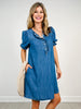 Button Front Bubble Sleeve Denim Dress with Pockets