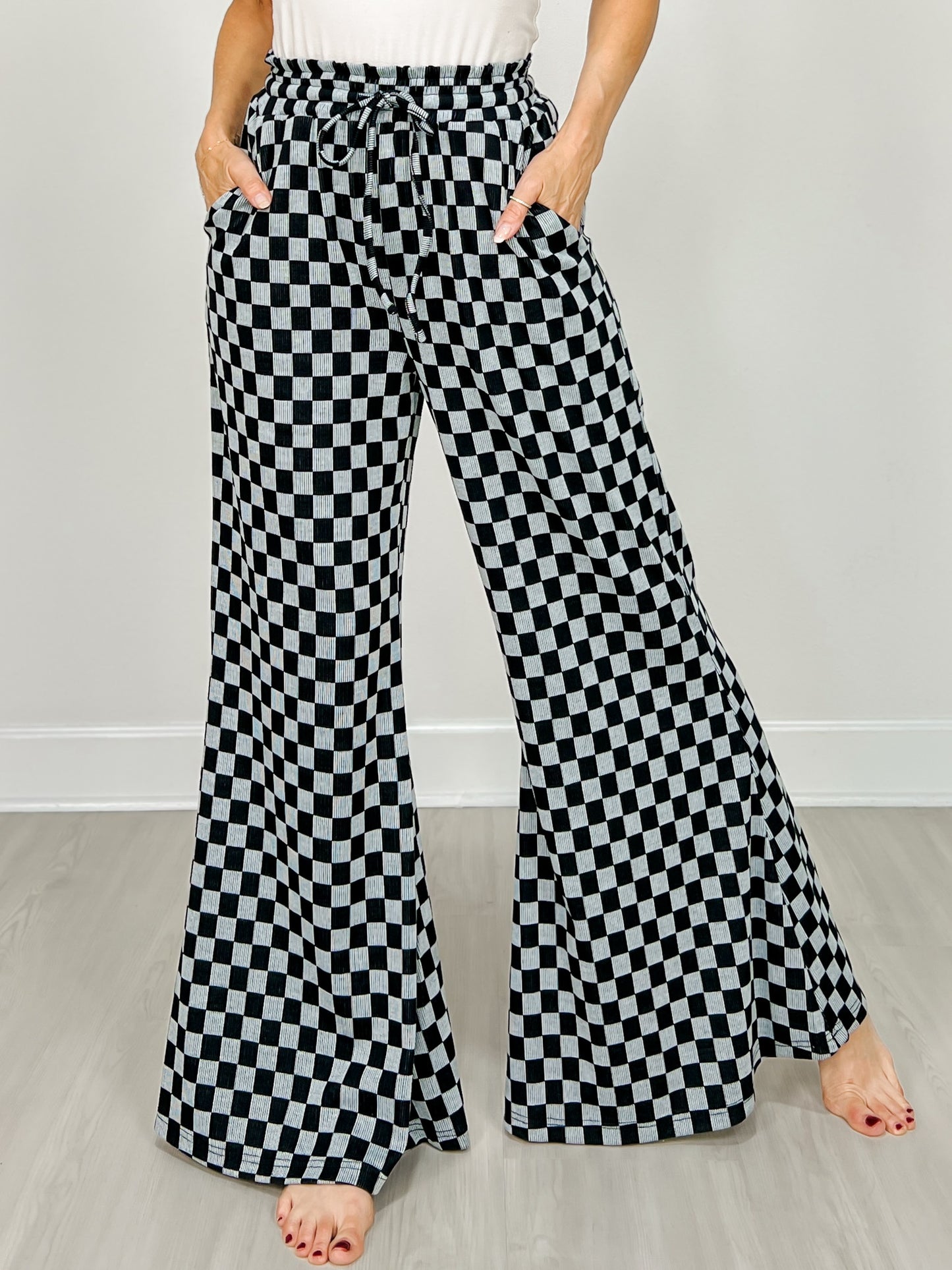 Checkerboard Knit Wide Palazzo Pants