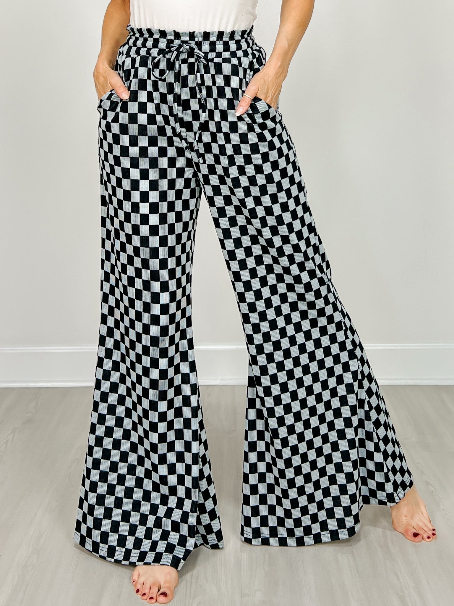 Checkerboard Knit Wide Palazzo Pants