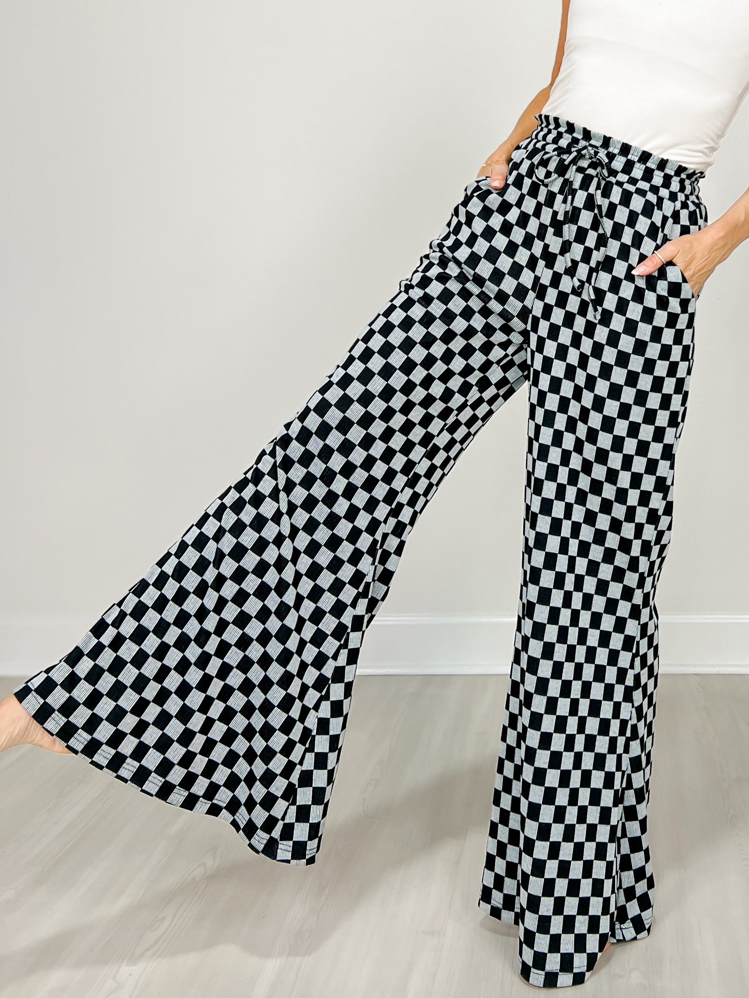 Checkerboard Knit Wide Palazzo Pants