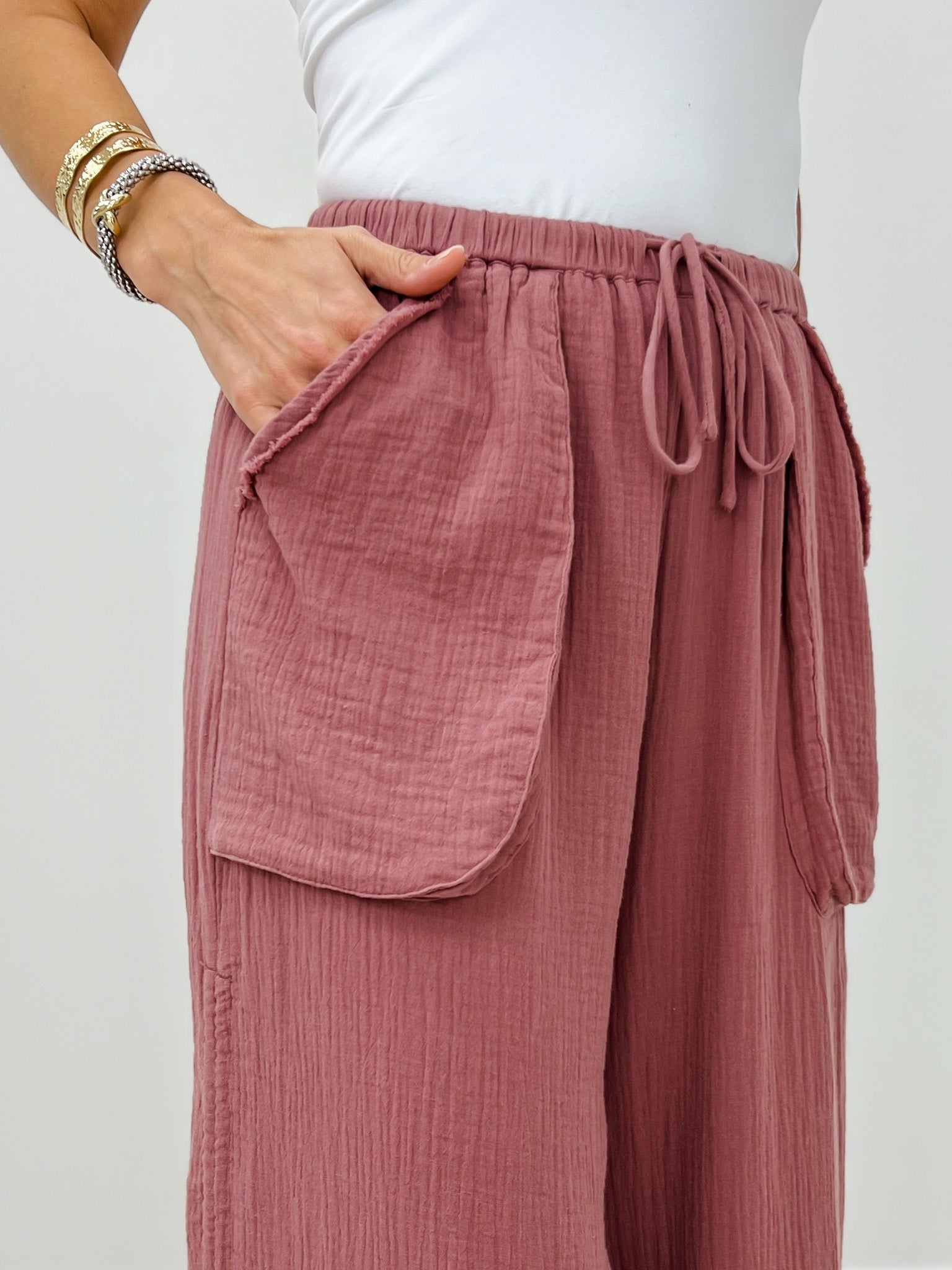 Relaxed Fit Wide Leg Pants with Patch Pockets