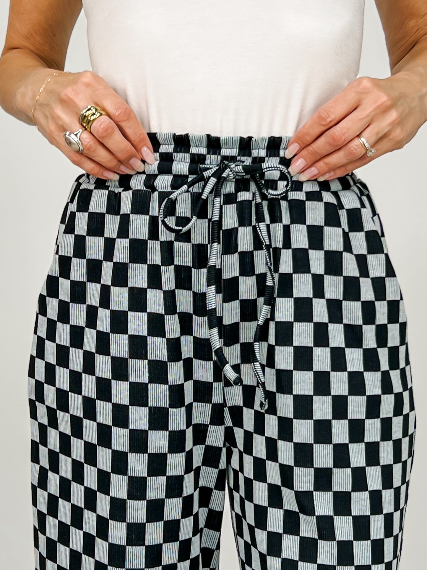 Checkerboard Knit Wide Palazzo Pants