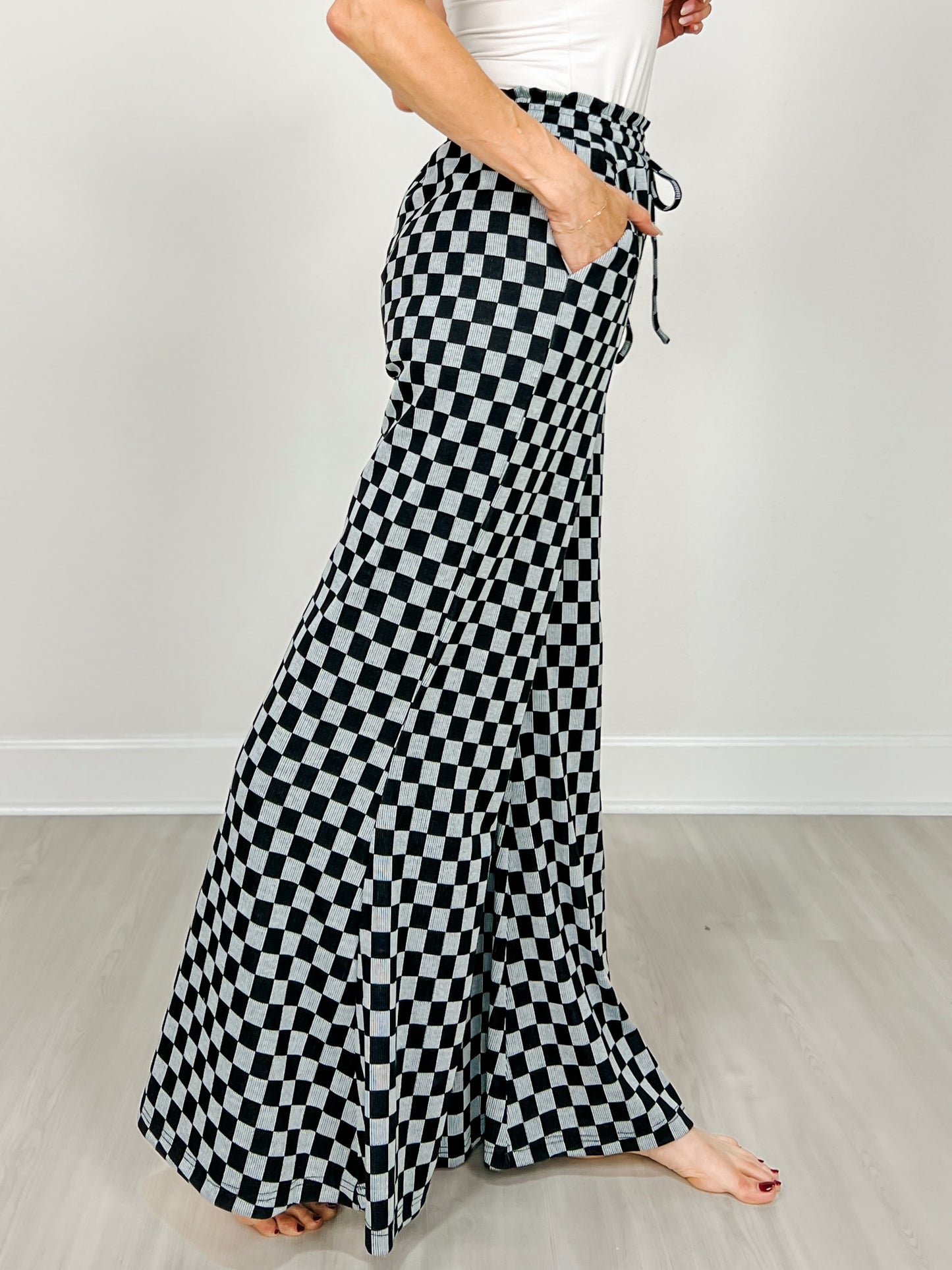 Checkerboard Knit Wide Palazzo Pants