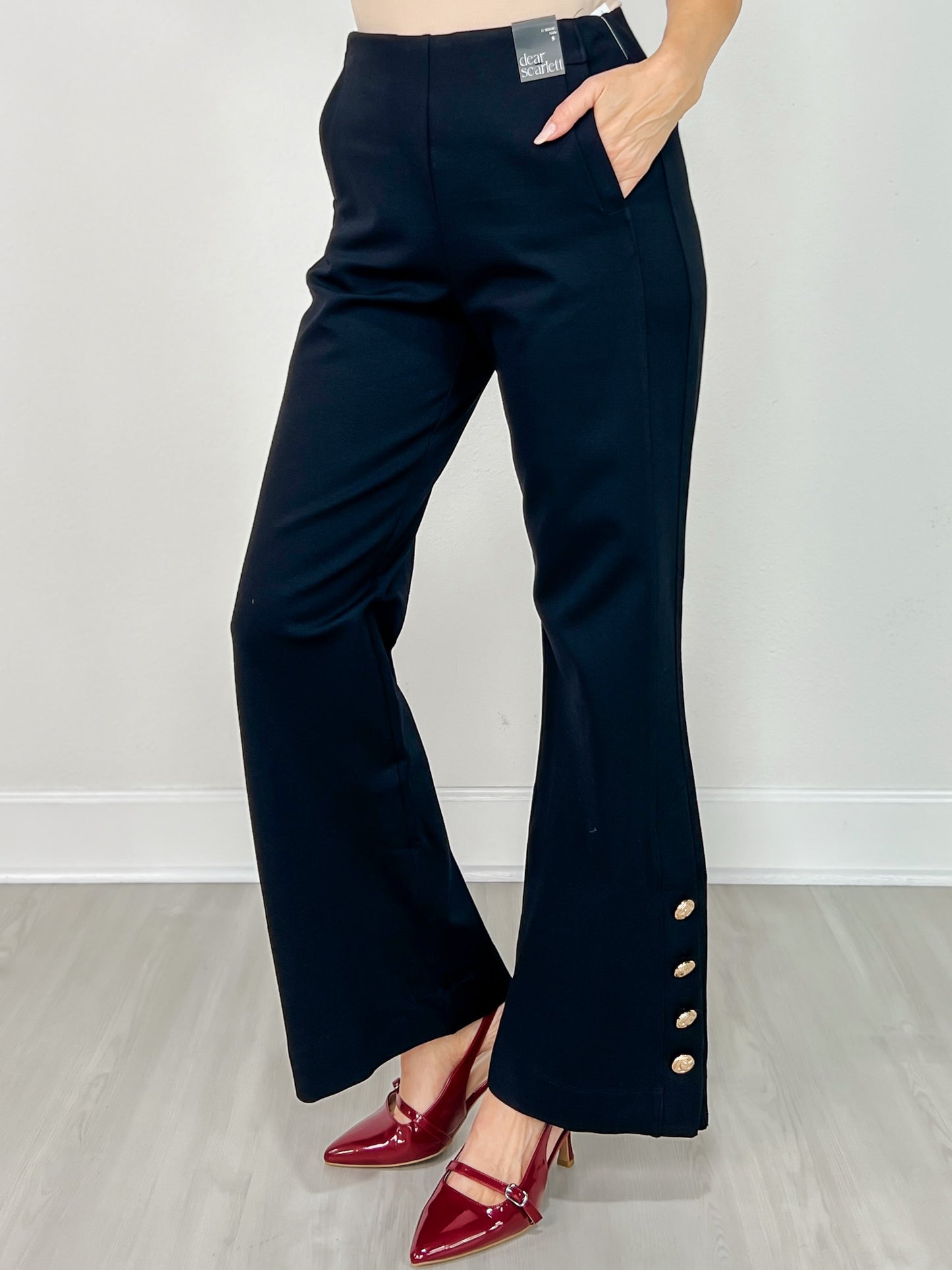 Gold Button Hem Gala Pants with Side Pockets in Black