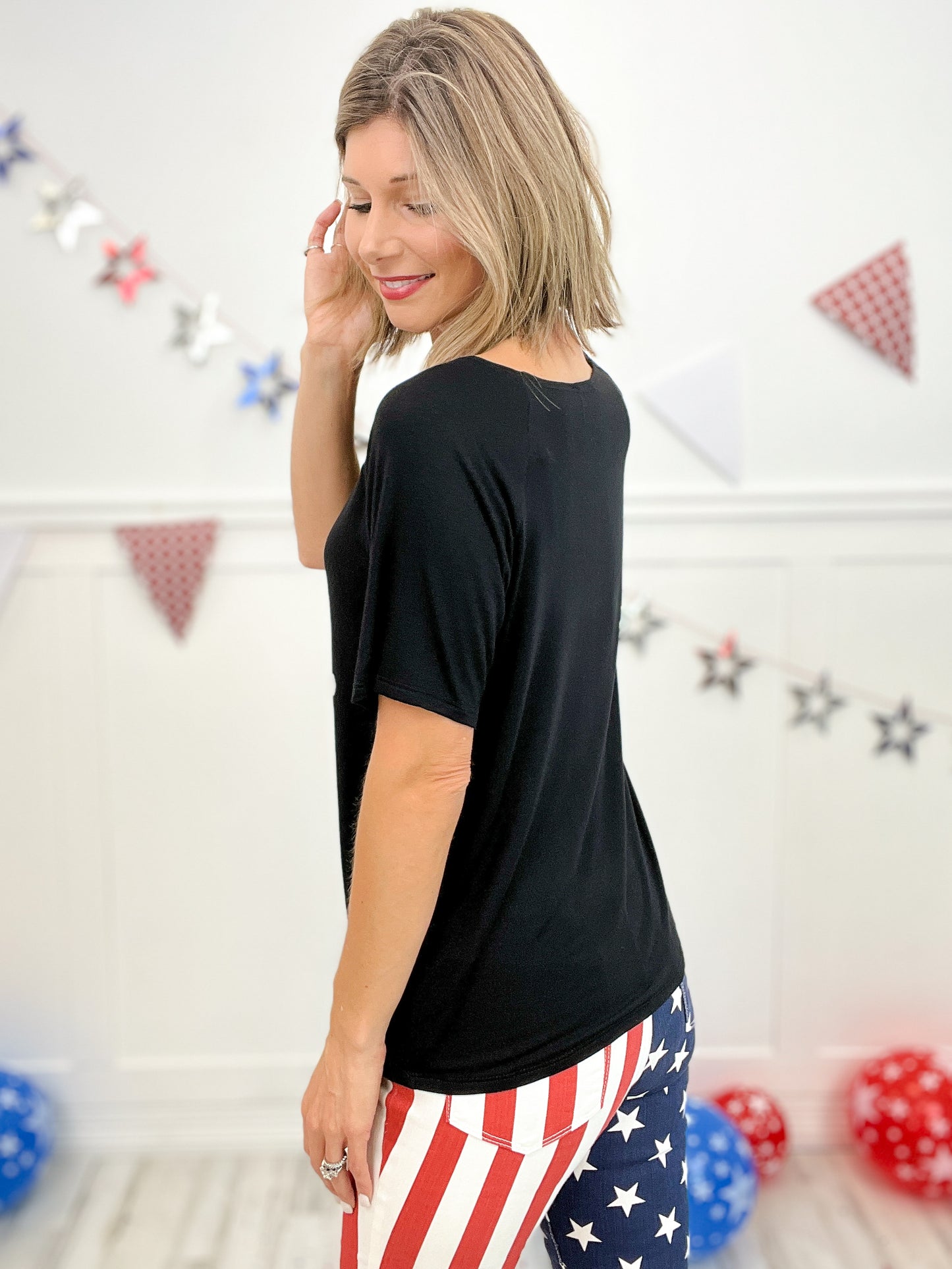 RAYON SPAN KNIT TOP WITH AMERCIAN FLAG EAGLE GRAPHIC