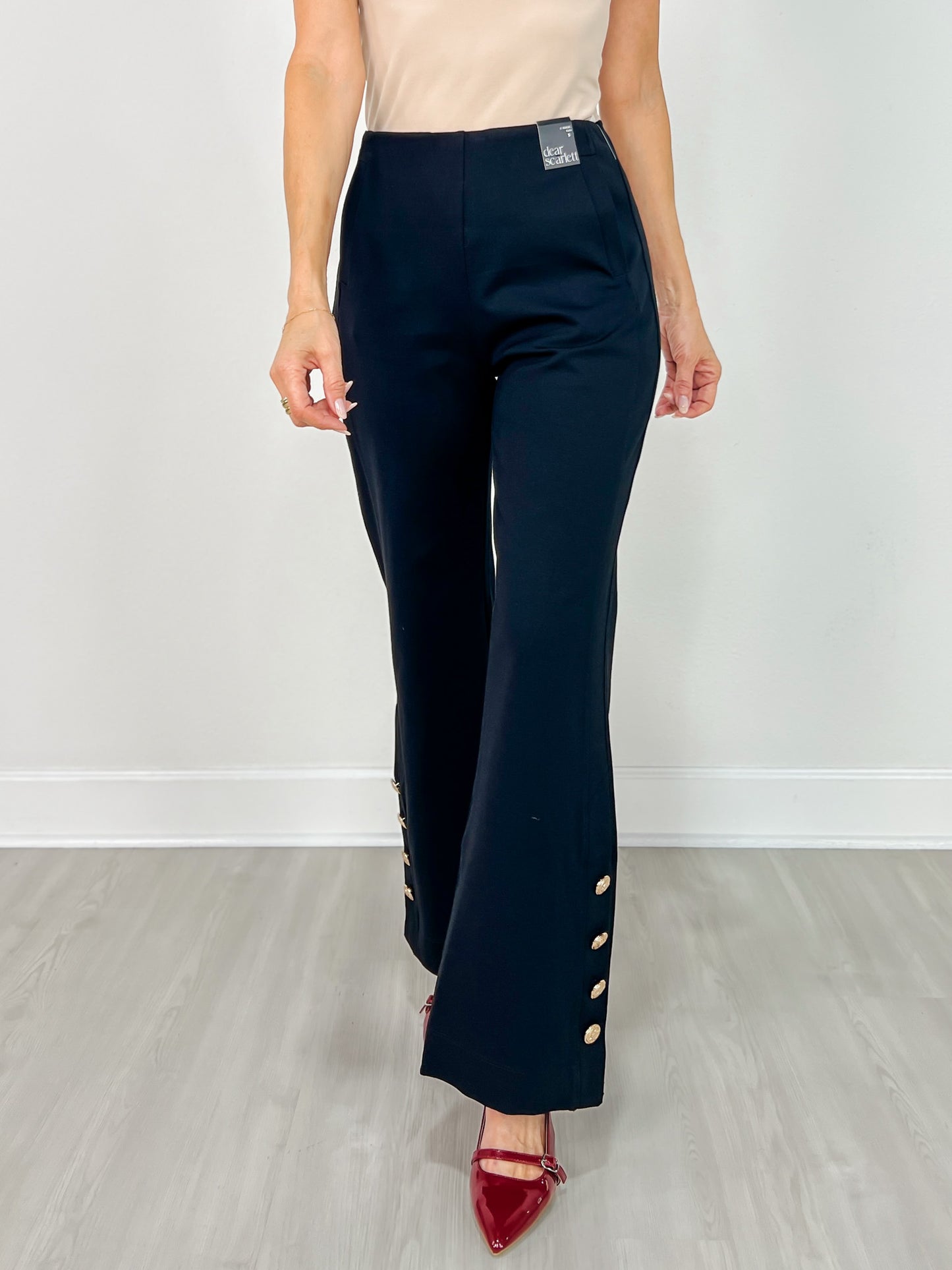 Gold Button Hem Gala Pants with Side Pockets in Black