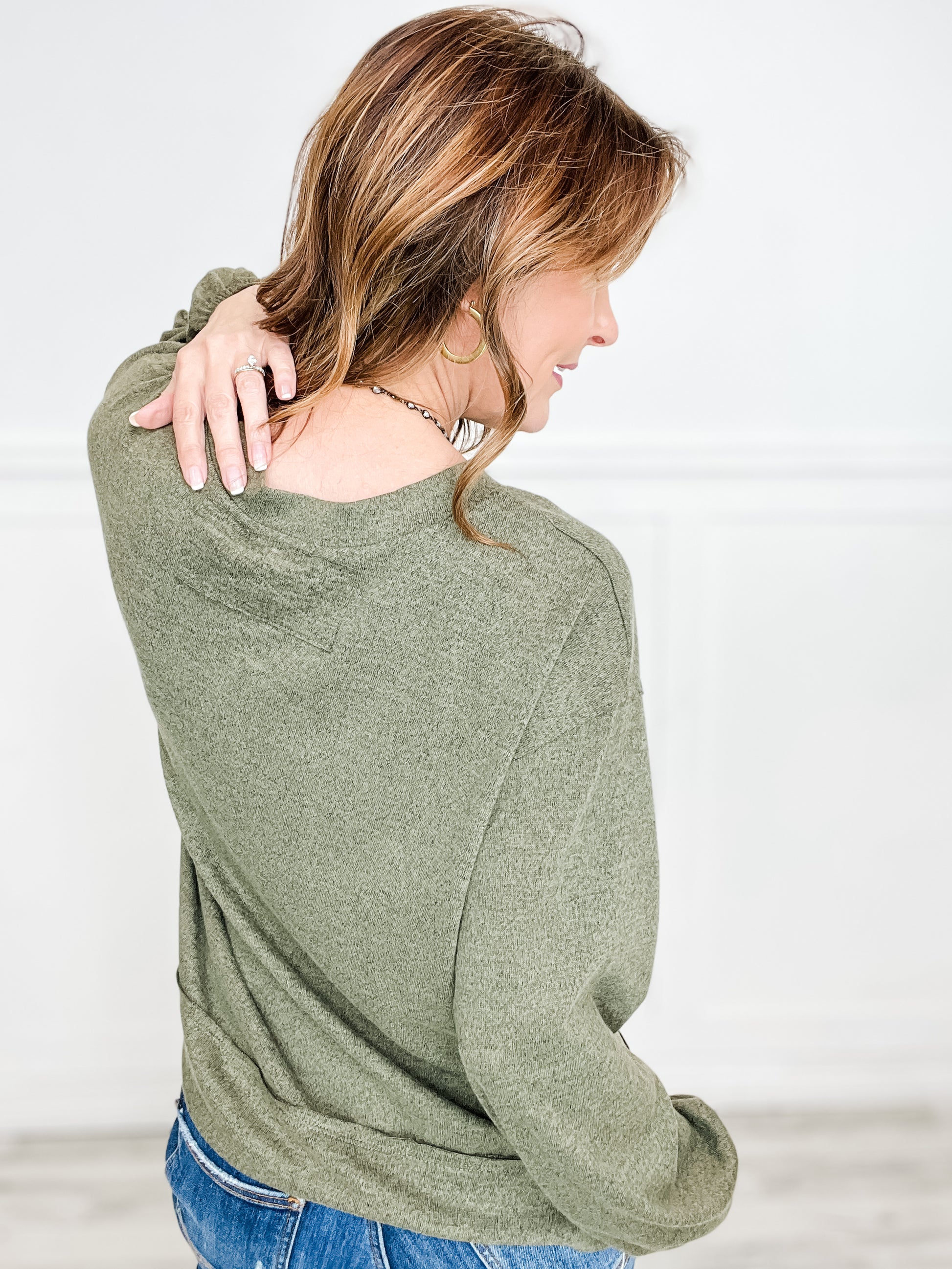 Long Sleeve Round Neck Top with Balloon Sleeves and Banded Hem - GROUP B