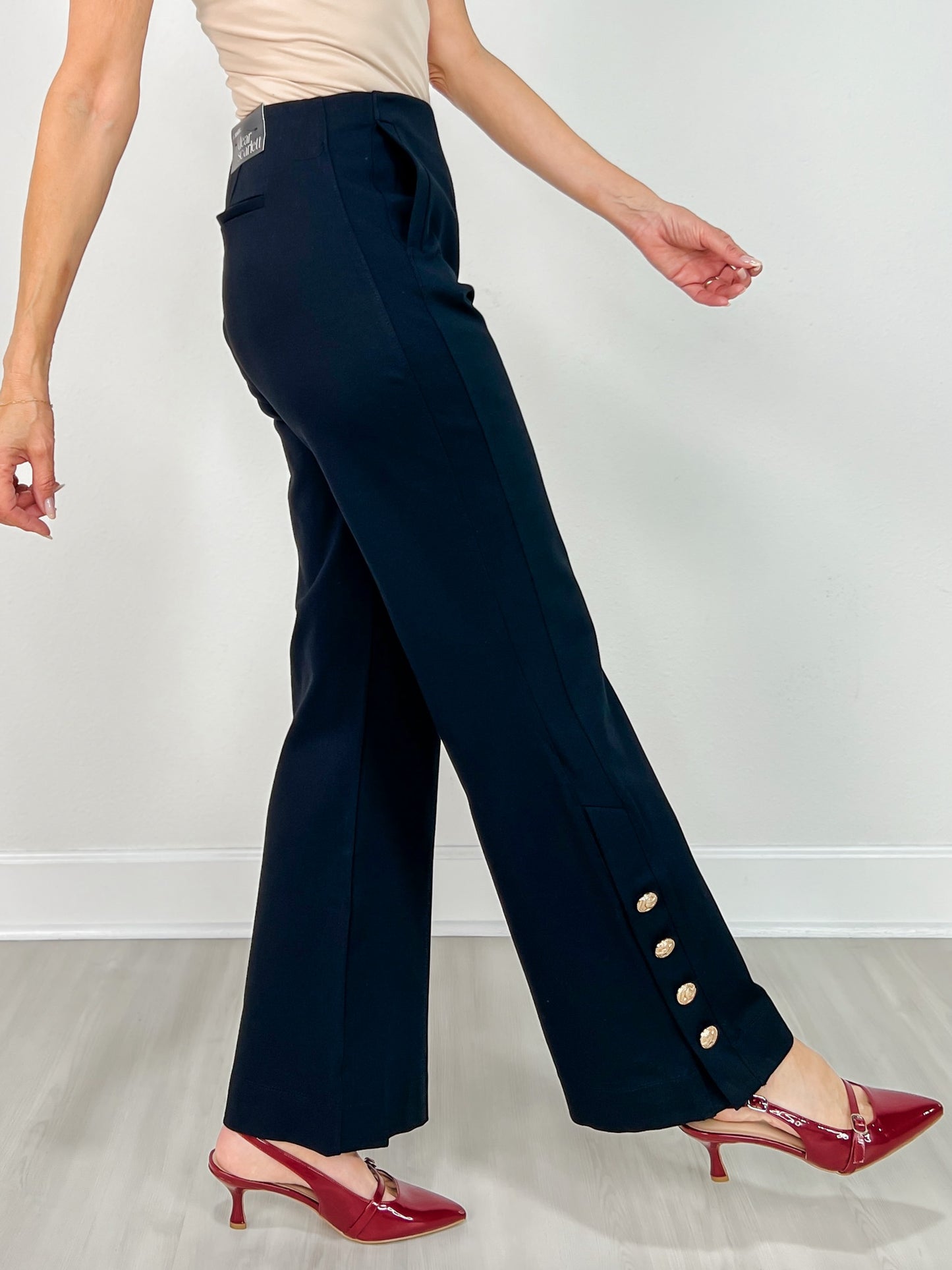 Gold Button Hem Gala Pants with Side Pockets in Black
