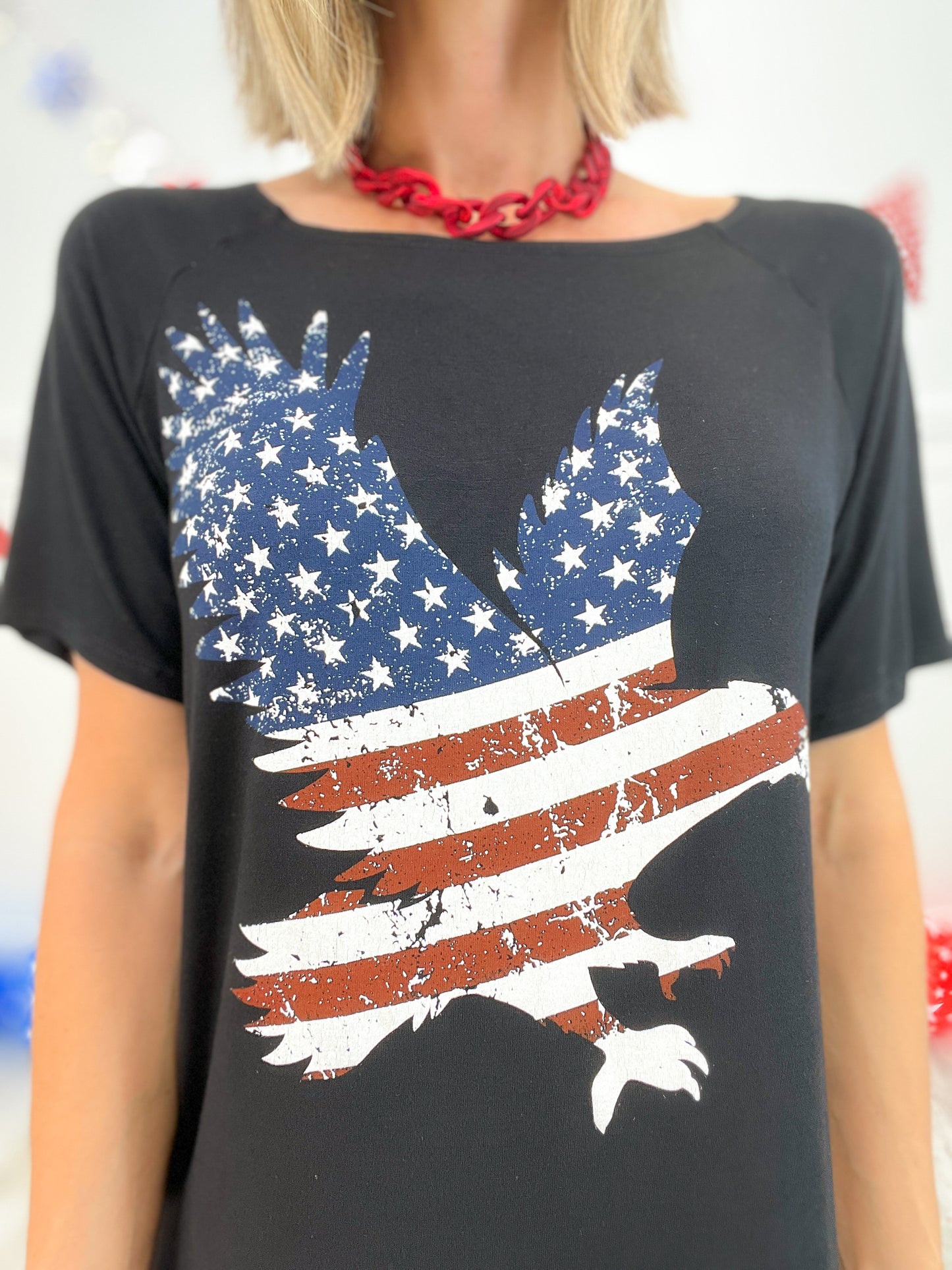 RAYON SPAN KNIT TOP WITH AMERCIAN FLAG EAGLE GRAPHIC