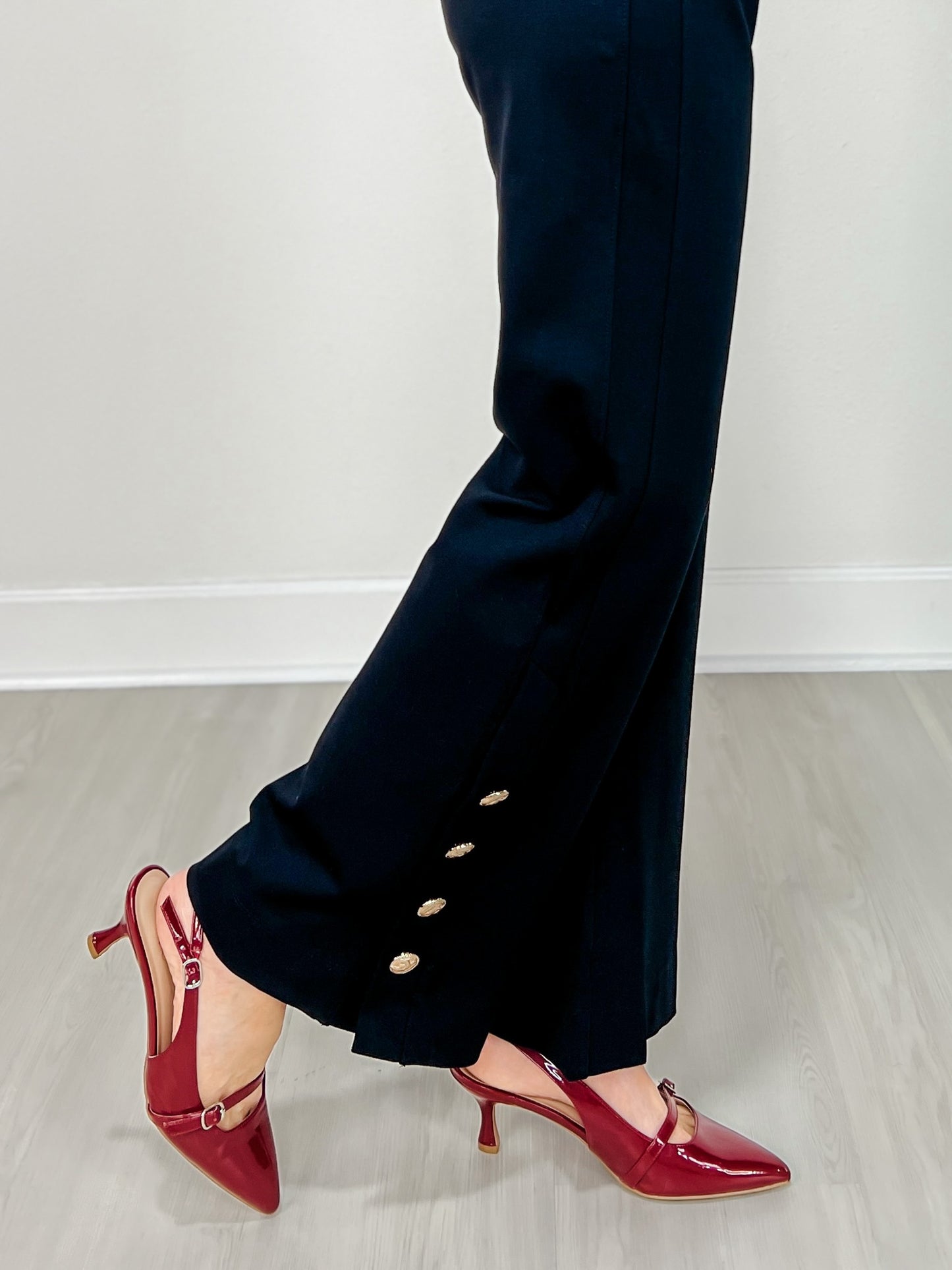 Gold Button Hem Gala Pants with Side Pockets in Black