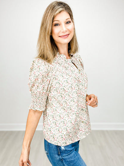 Cotton Floral Ruffle Collar Button-Down Short Sleeve Top