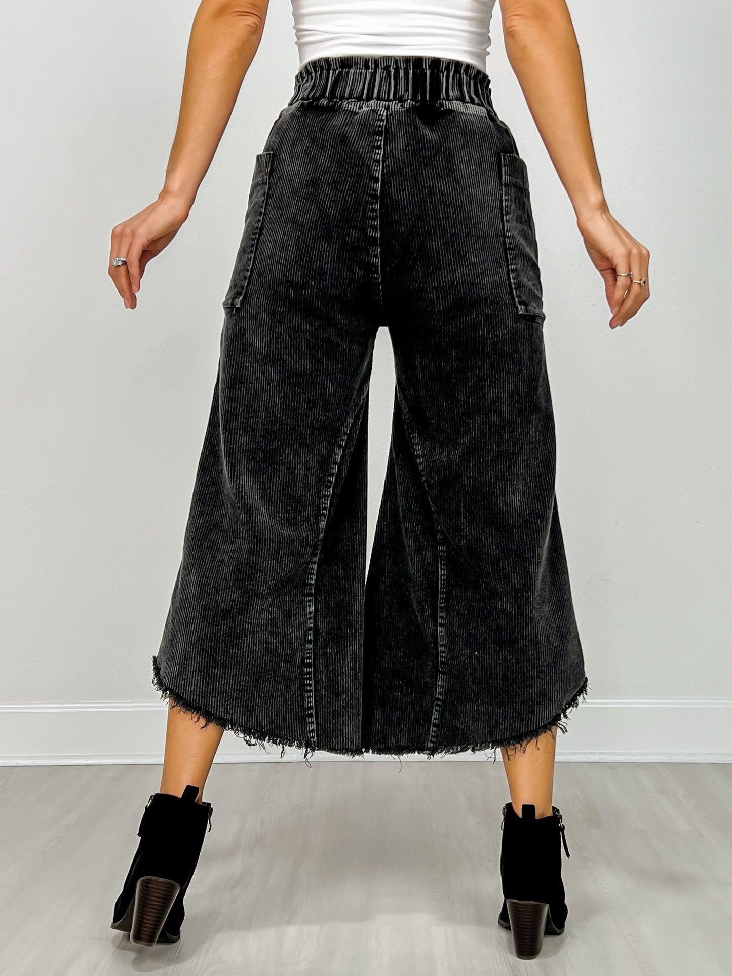 Mineral Wash Cropped Fray Hem Corduroy Wide Pants