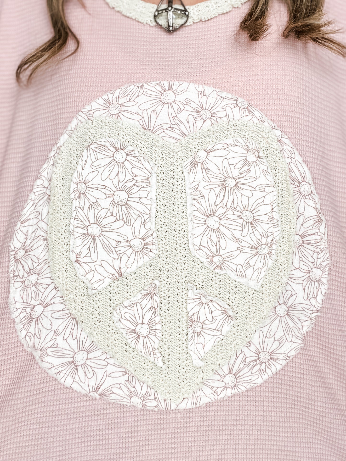 Round Neck Long Sleeve Thermal Knit Peace Patch Top