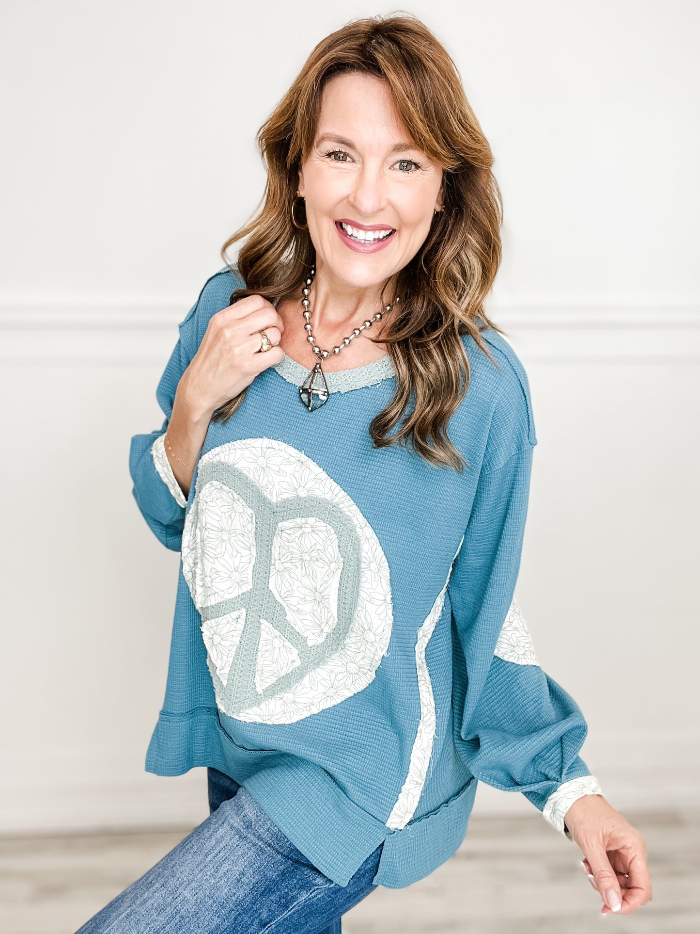 Round Neck Long Sleeve Thermal Knit Peace Patch Top