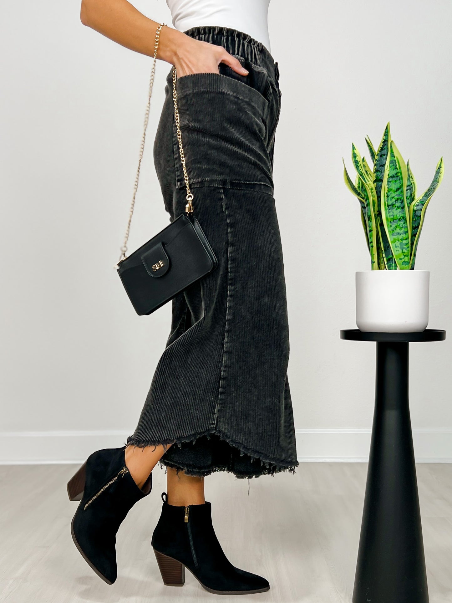 Mineral Wash Cropped Fray Hem Corduroy Wide Pants